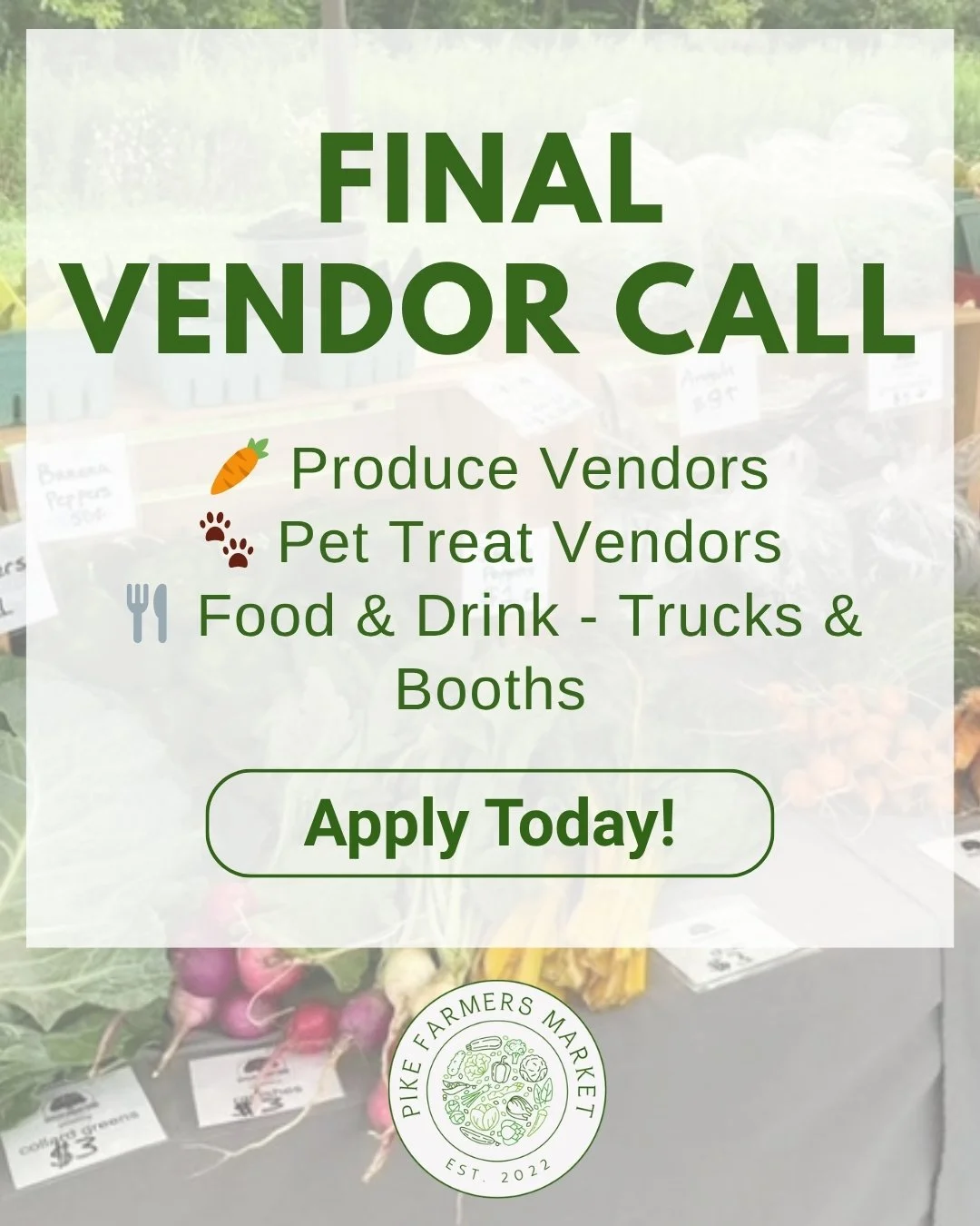 Still looking for vendors for Season 5 of Pike Farmers Market! 🌿

DM us or apply at the link in our profile. Spots are limited.
&rarr; Produce vendors
&rarr; Food &amp; drink vendors
&rarr; Pet treat vendors
Saturdays, June through August. Free for 