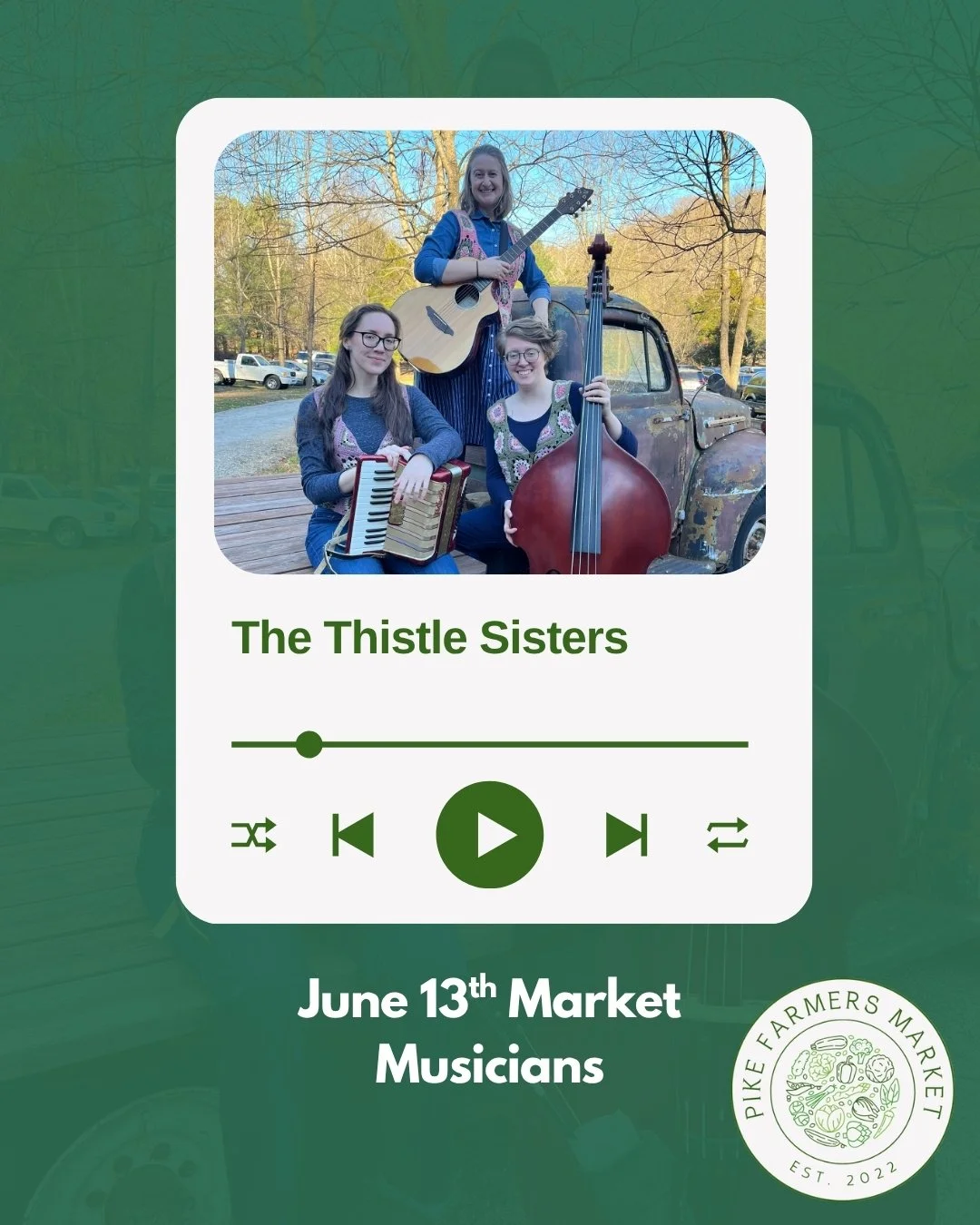 Strings, accordion, and harmonies that'll stop you in your tracks. The @thistlesisters  are playing the market this Saturday, June 13th! 🎶

From bluegrass and folk to Americana and classic pop, they've got a little something for everyone. Pull up a 