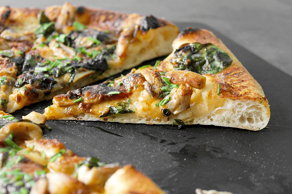 Oyster Mushroom Pizza w/ Paprika, Spinach, &amp; Chives