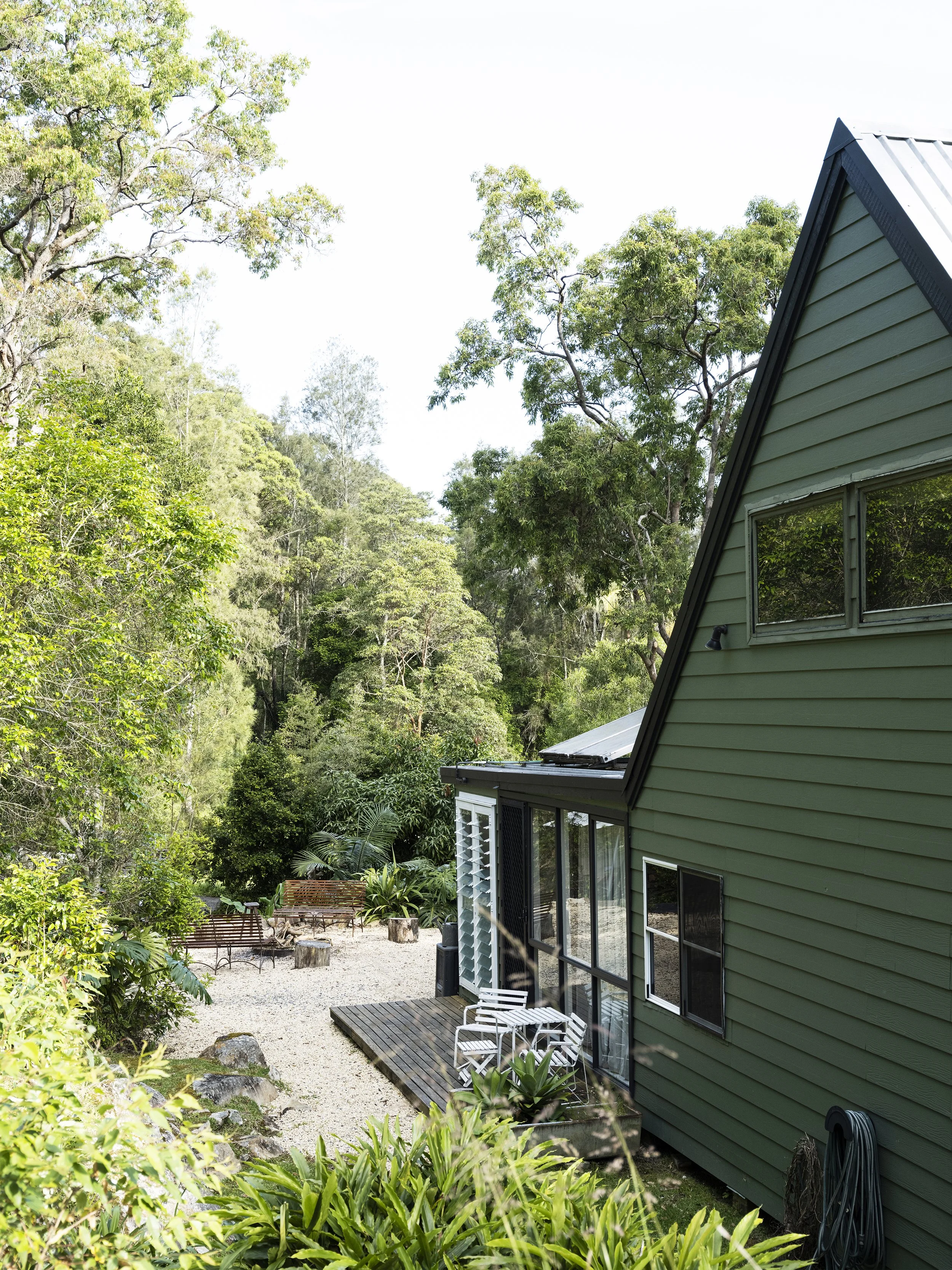 Seals Way A-frame cabin with outdoor entertaining space and gumtrees