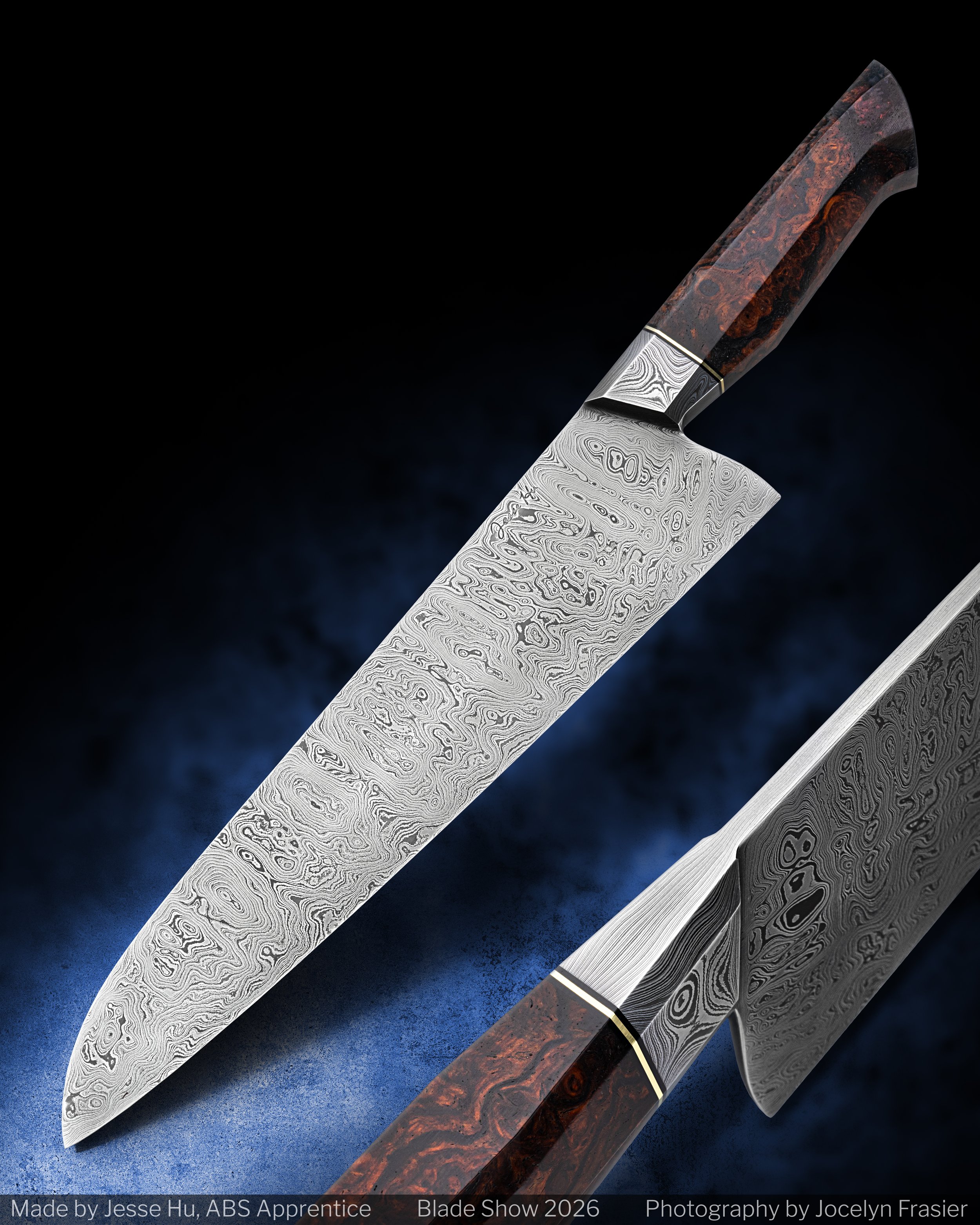 A Chef's Knife I made from gradient infused random pattern Damascus for Bladeshow Atlanta 2026. The Damascus is forged from 52100 and Pops Procut, the spacers are black G10 and Brass, and the handle is made from ultra-rare Cocobolo Burl. 
