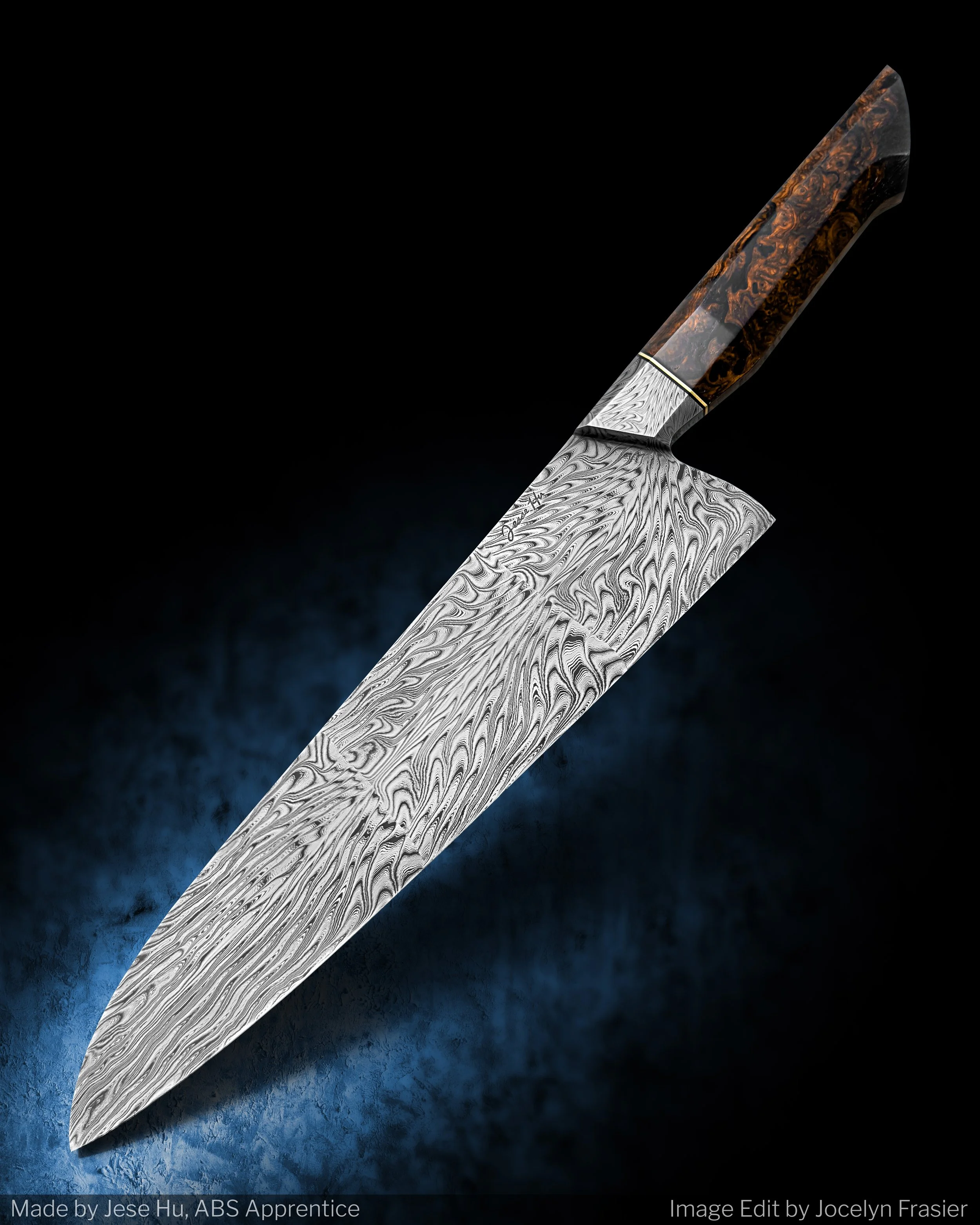 A Chef's Knife I forged from Gradient enhanced Dragon's Breath Mosaic Damascus. The Damascus is forged from 1084 and 15N20, and is the same steel that I used for the Tuna Sword I made earlier. The handle is crafted from Cocobolo Burl, and framed with