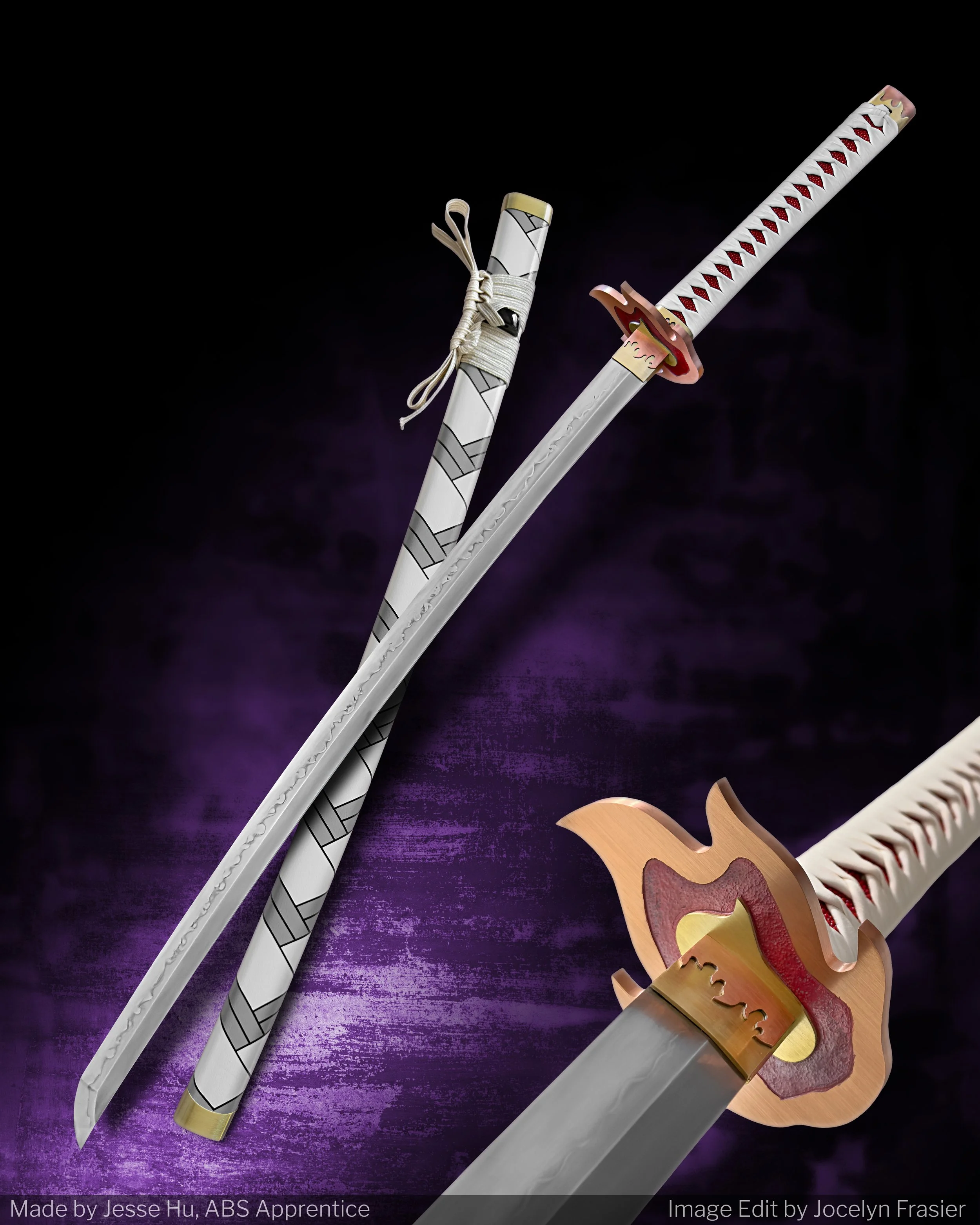 A Katana I made for the YouTube video "Making Rengoku's Katana from Demon Slayer". The blade is forged from differentially heat-treated W2 , the fittings are made from Brass and Copper, the handle is leather-wrapped red rayskin, and the saya was pain