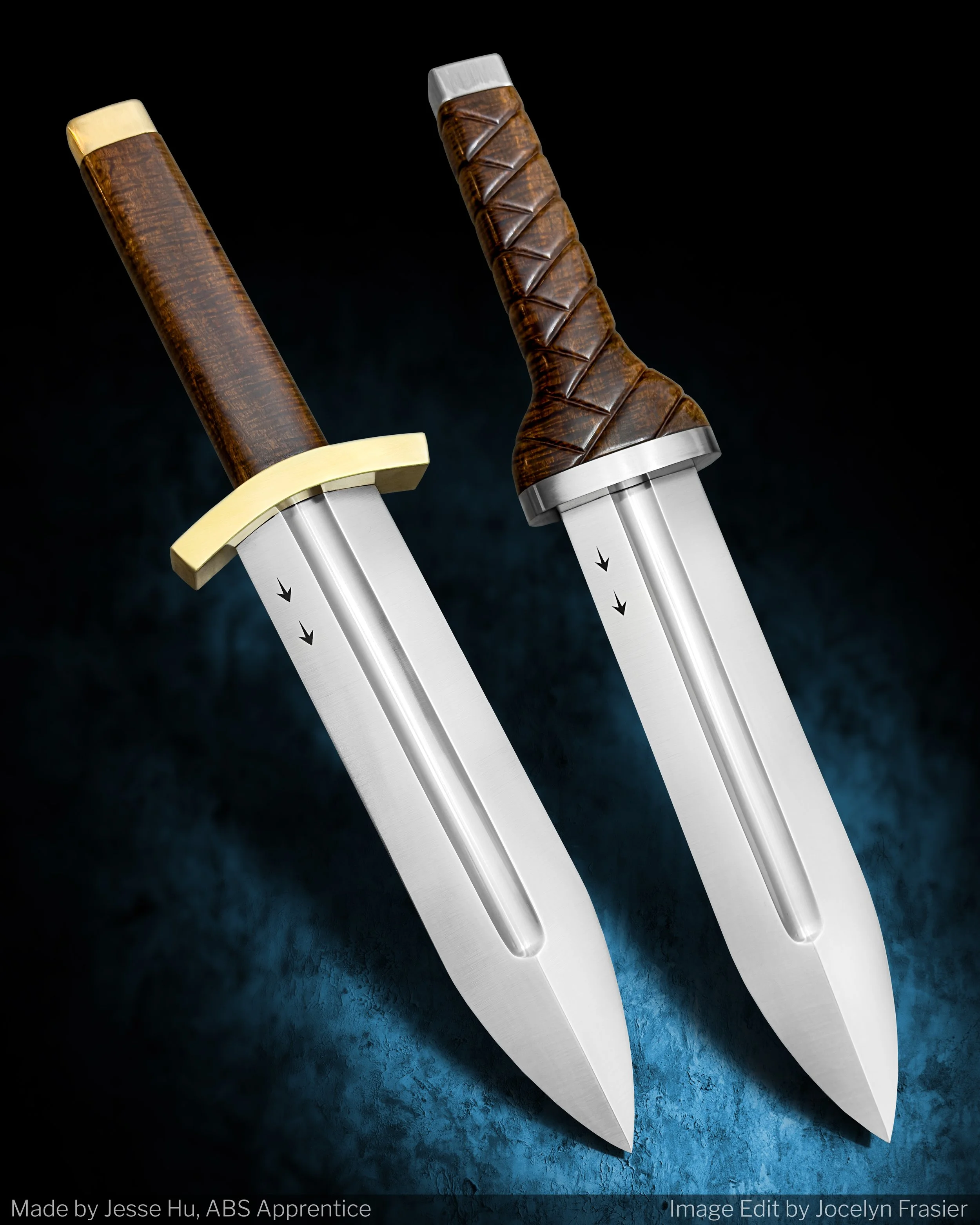 A pair of daggers I made for the YouTube video "Making Thorfinn's Daggers from Vinland Saga". The blades are forged from 80Crv2, the handles are carved from Finged Gidgee, and the fittings are brass and mild steel.