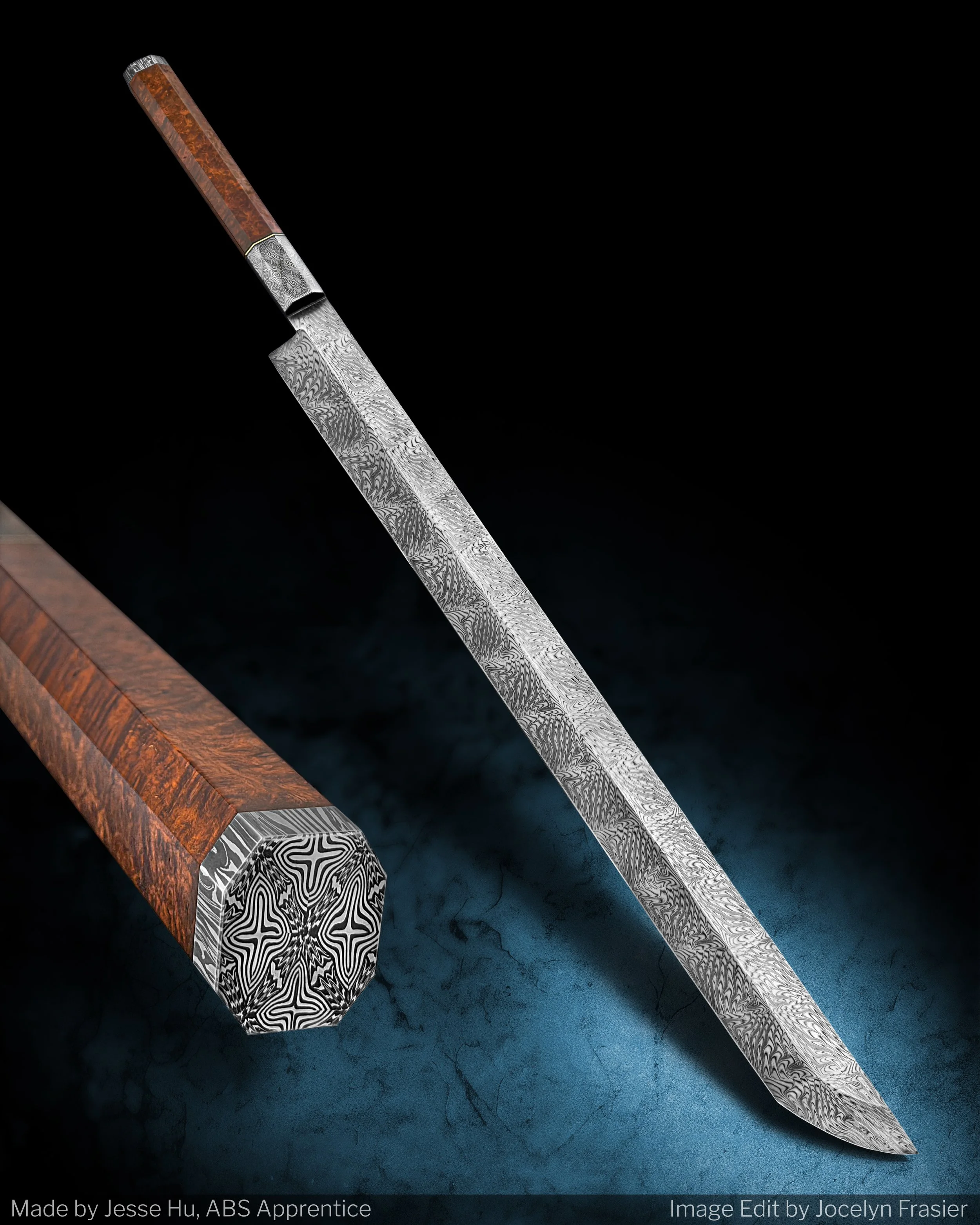 A Tuna Sword I made for the YouTube Video "Making the Fanciest Tuna Sword in the World". The blade is forged from 15N20/1084 Dragon's Breath Gradient Mosaic Damascus, the bolster and butt-cap are made from matching Tesseract Mosaic Damascus, the spac