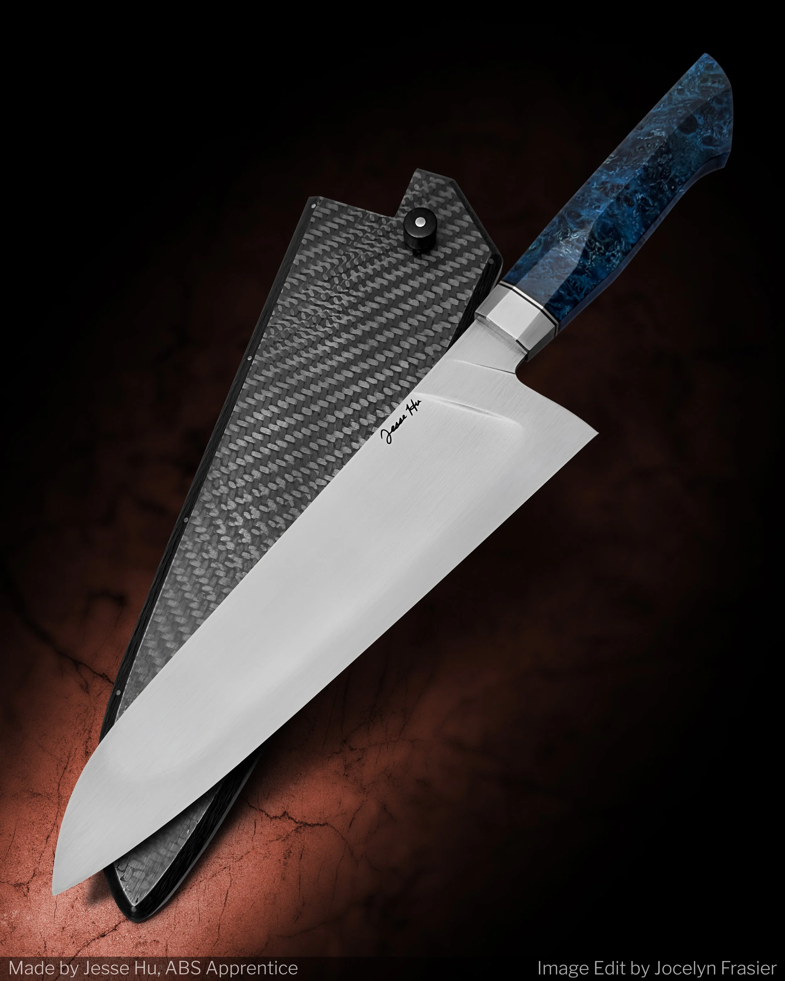 A Chef's Knife I made for the YouTube video "Making a Chef's Knife from the World's Newest Super Steel". The blade is forged from Magnamax, the bolster and central spacer are made from stainless steel, the outer spacers are made from black G10, and t