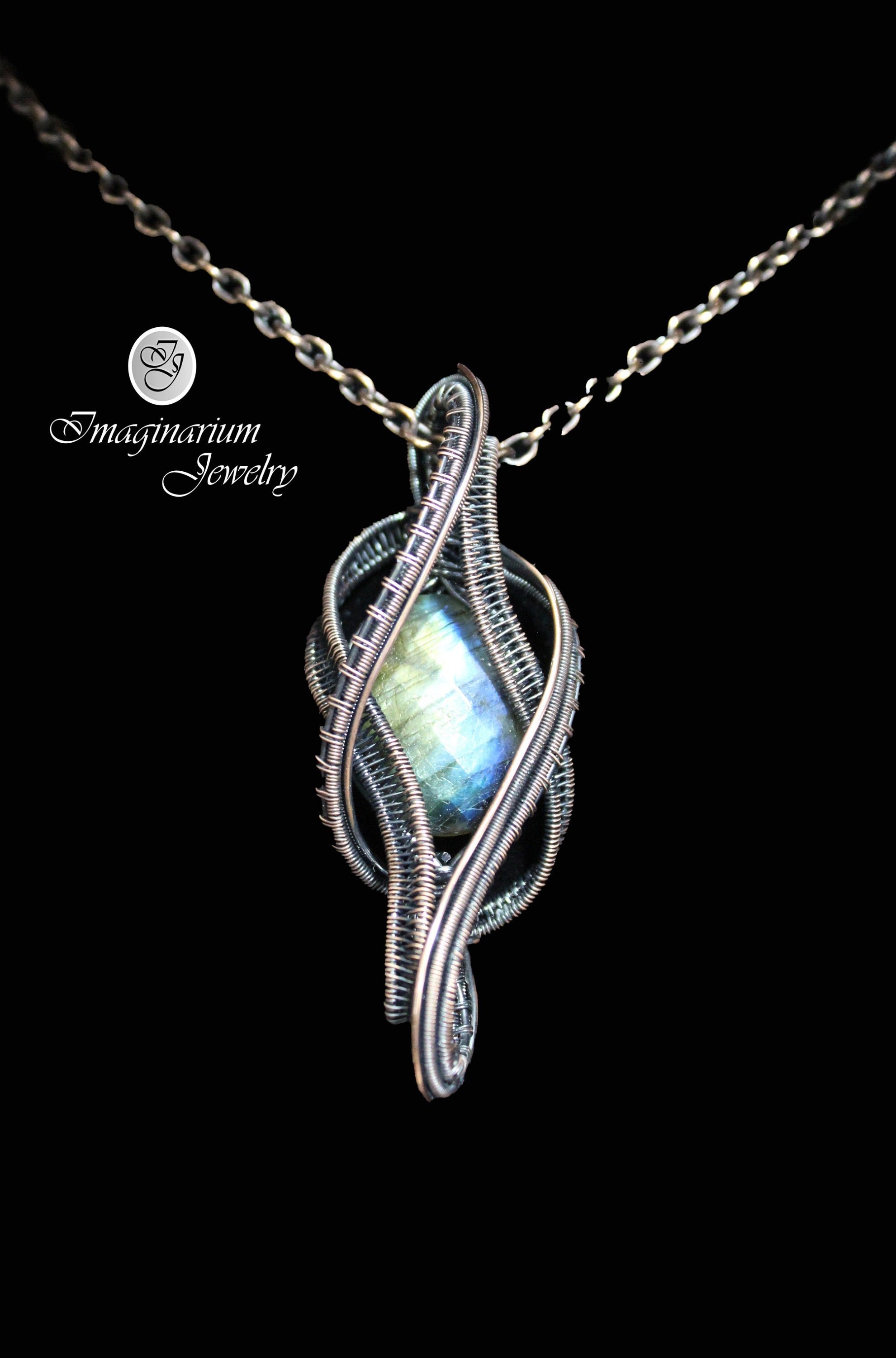 Helix, Copper Wire Wrapped and Woven Double Bail Faceted Labradorite Pendant