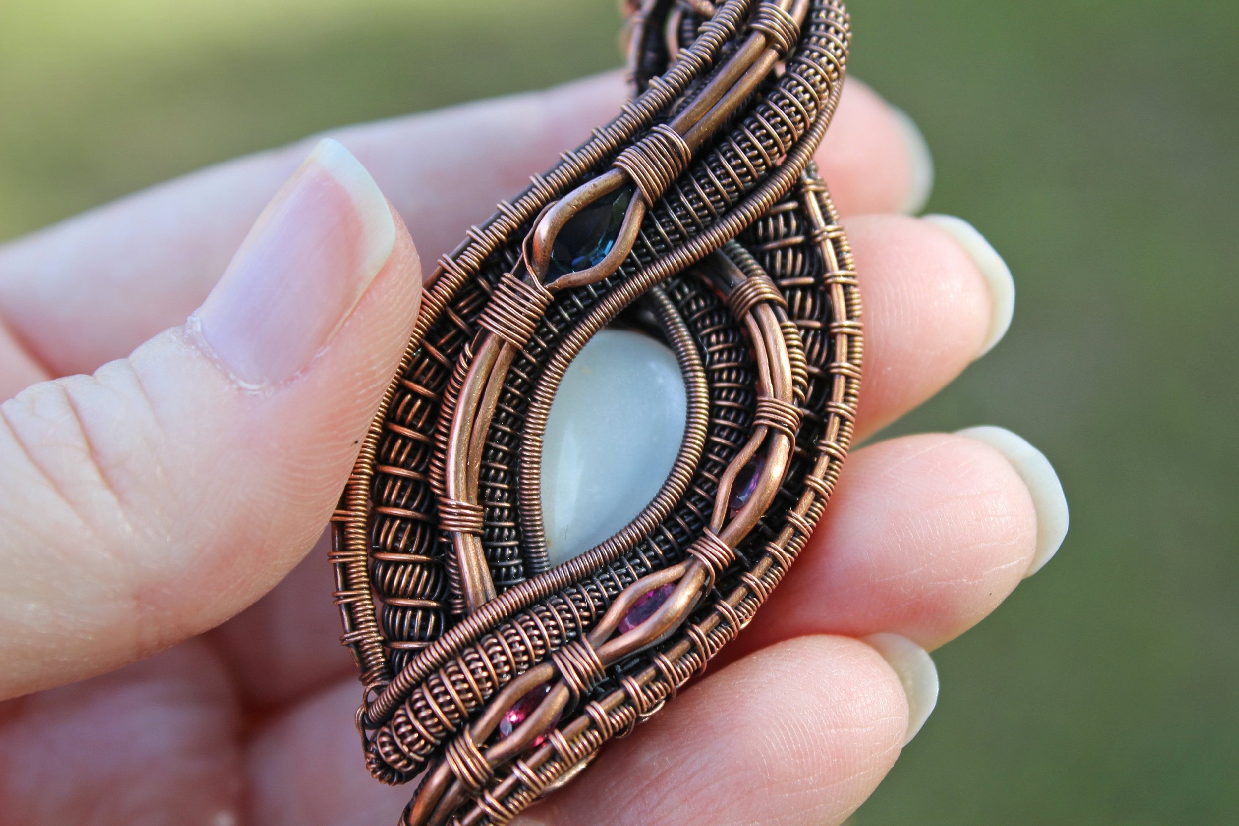 Stunning Shimmering White Moonstone, Blue Sapphire, And Pink Tourmaline Elaborate Oxidized Copper Wire Woven And Wrapped Pendant And Chain