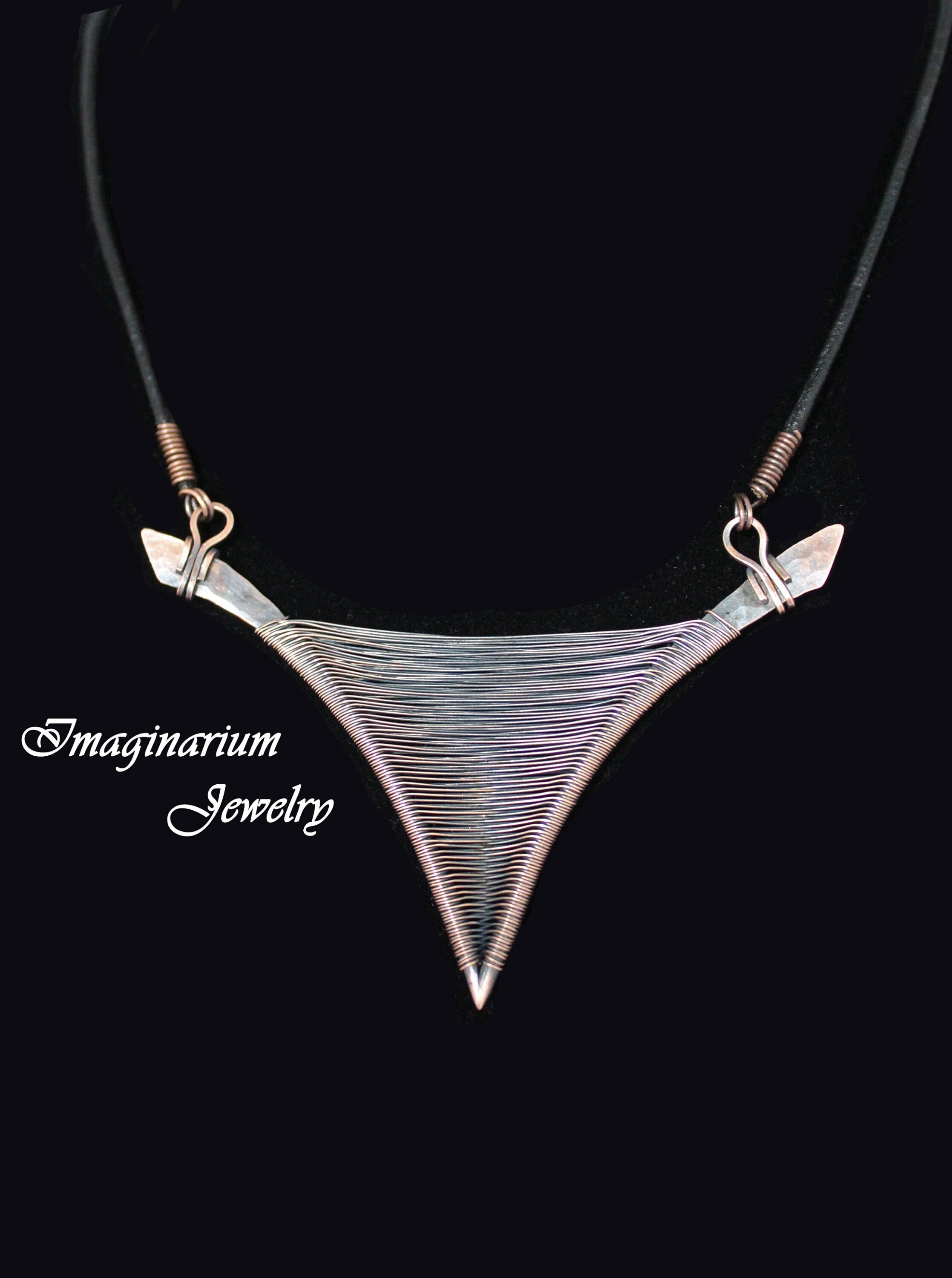 Unisex Curved Pointed Triangle Woven Copper Pendant With Leather Cord And Adjustable Clasp