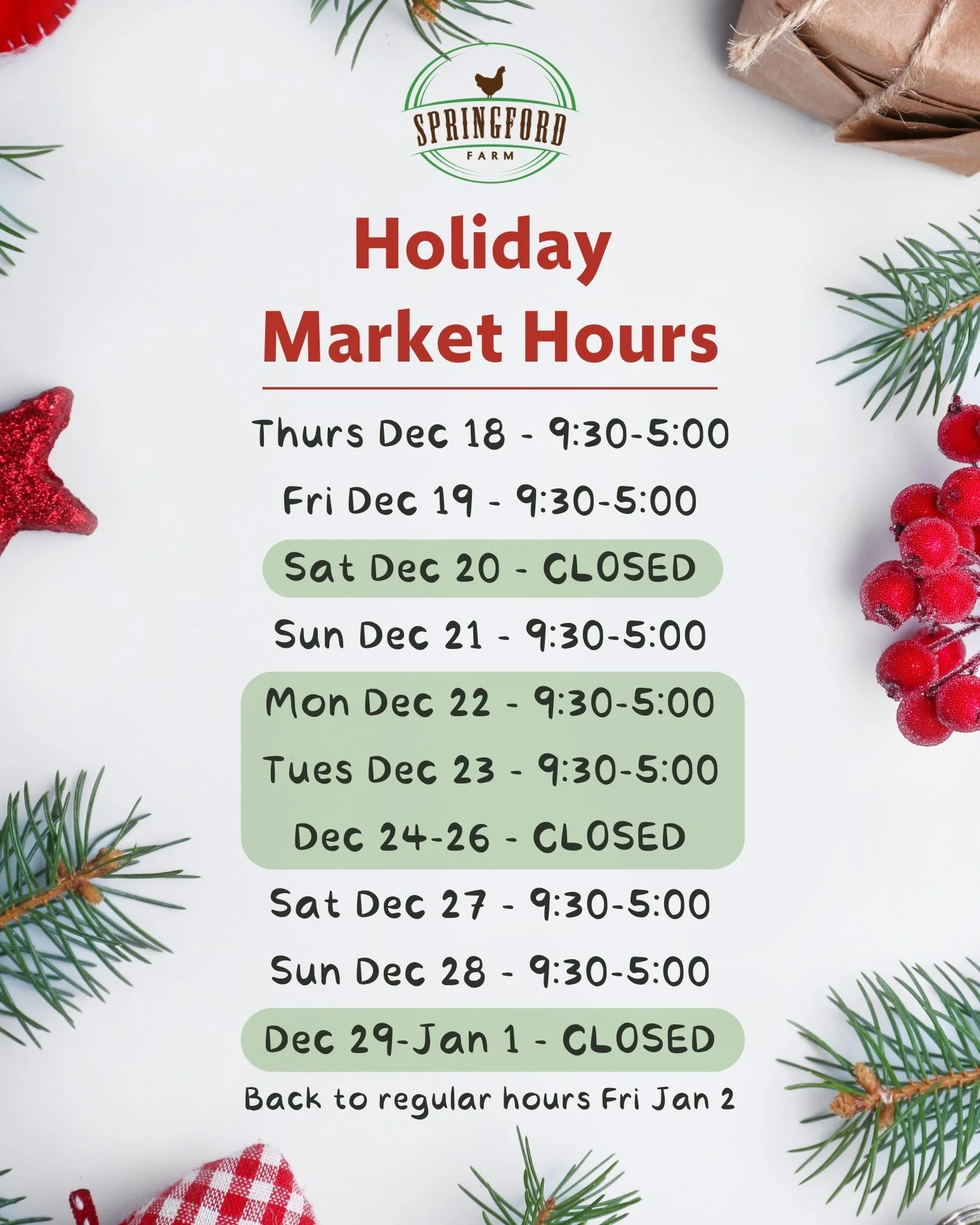 🎄 Holiday Hours Heads Up! 🥚🦃
Things are a little funky around here for the rest of the year with the holidays and our turkey schedule, so here&rsquo;s the rundown:
 
✅ OPEN
Thursday &amp; Friday, Dec 18 &amp; 19
We&rsquo;ll be stocked with all the