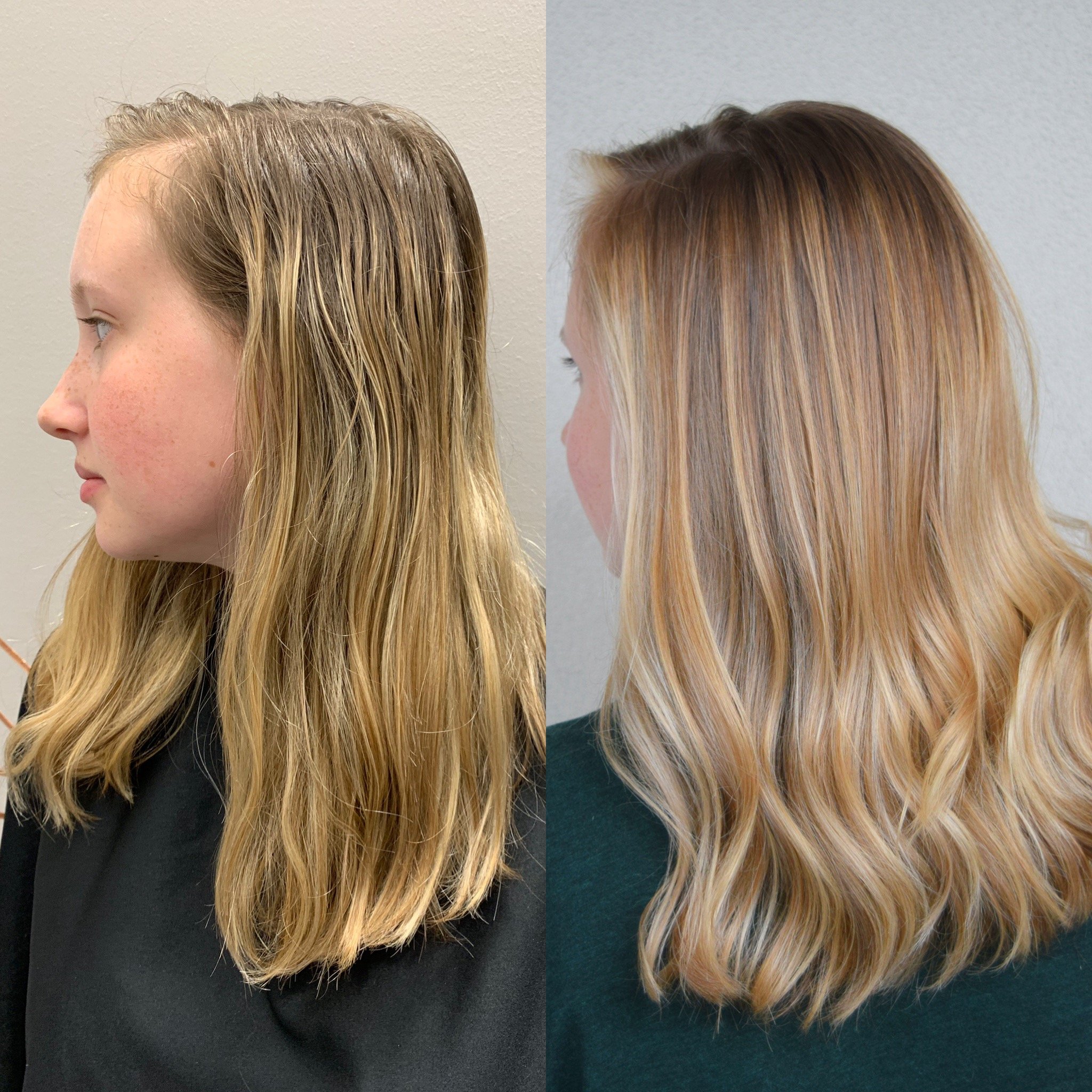Side-by-side comparison of a woman's hair before and after a makeover, showing a transformation from lifeless, dull locks to vibrant, freshly styled hair with highlights.
