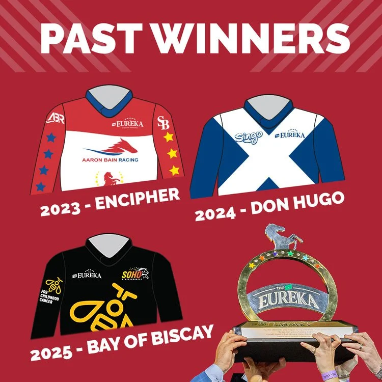 Graphic showing past winners of a racing team. The 2023 winner is Aaron Bain Racing with a red and white jersey featuring a horse head logo. The 2024 winner is Singo with a blue and white jersey. The background is red with the words 'Past Winners' at the top.
