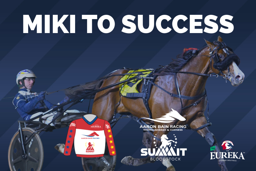 Graphic design promoting Aaron Bain Racing's thoroughbred racehorse, featuring a racing jersey with sponsor logos, a horse and mountain logo, and various sponsor symbols and logos.