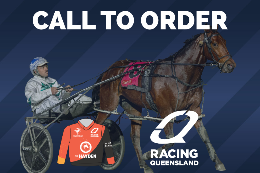 Horse harnessed to a jockey's cart, with racing gear including a red racing jersey and the logo of Racing Queensland, and the text 'Call to Order' above.