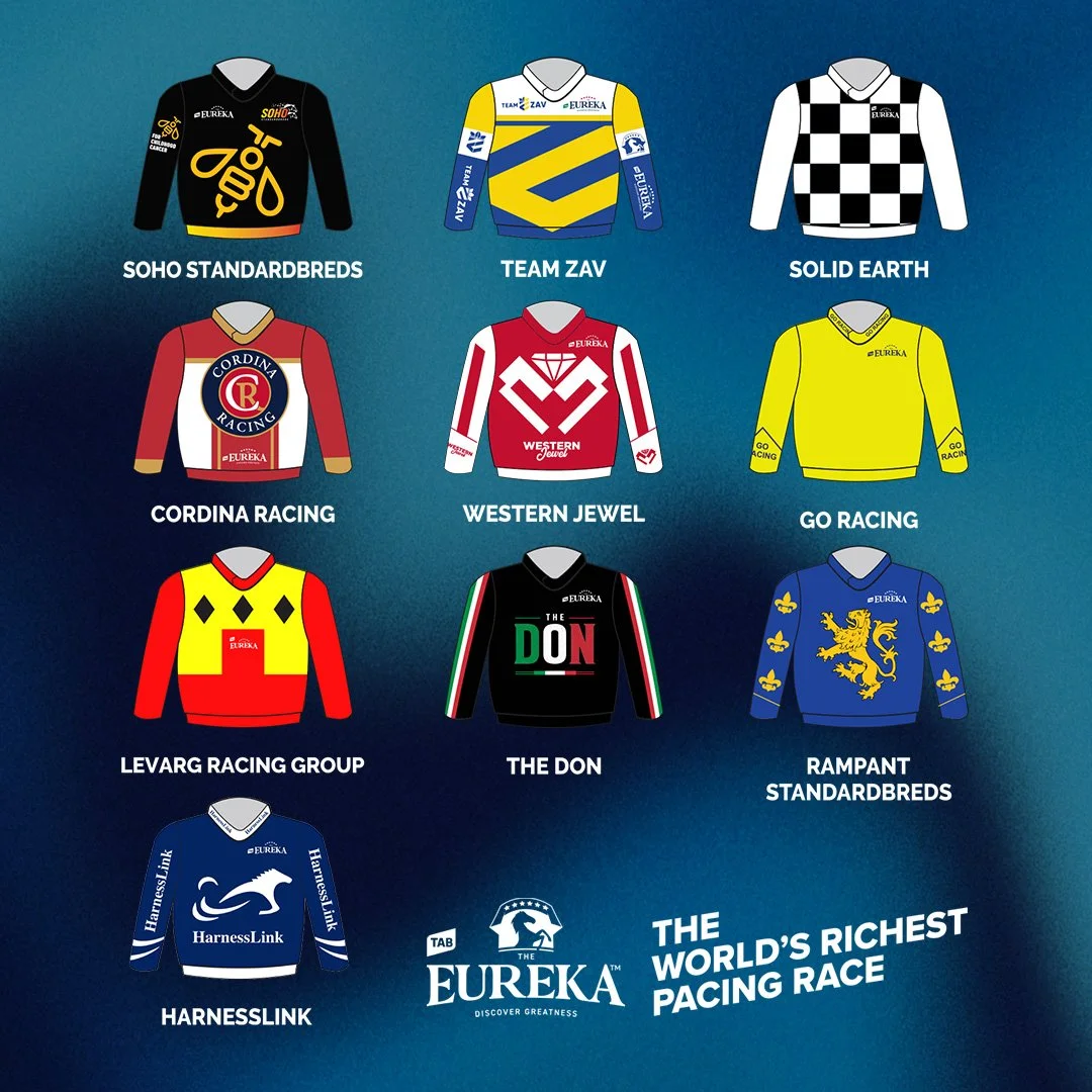 Illustration of twelve colorful racing harness jerseys with various team logos, organized in four rows, with the text "The World's Richest Harness Race" at the bottom.