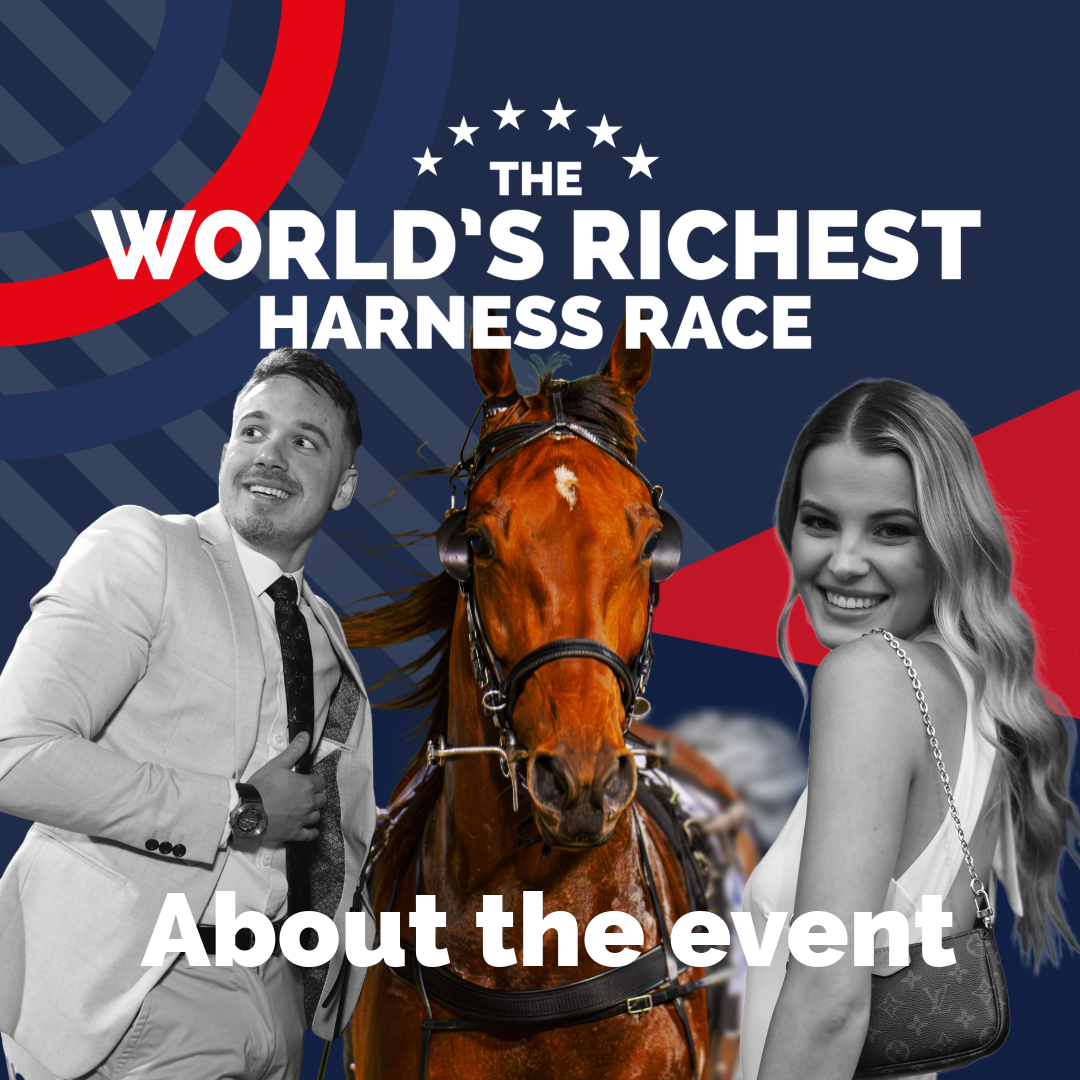 Promotional graphic for the world's richest harness race, featuring a man in a light suit, a woman in a white dress, and a racing horse with a harness.