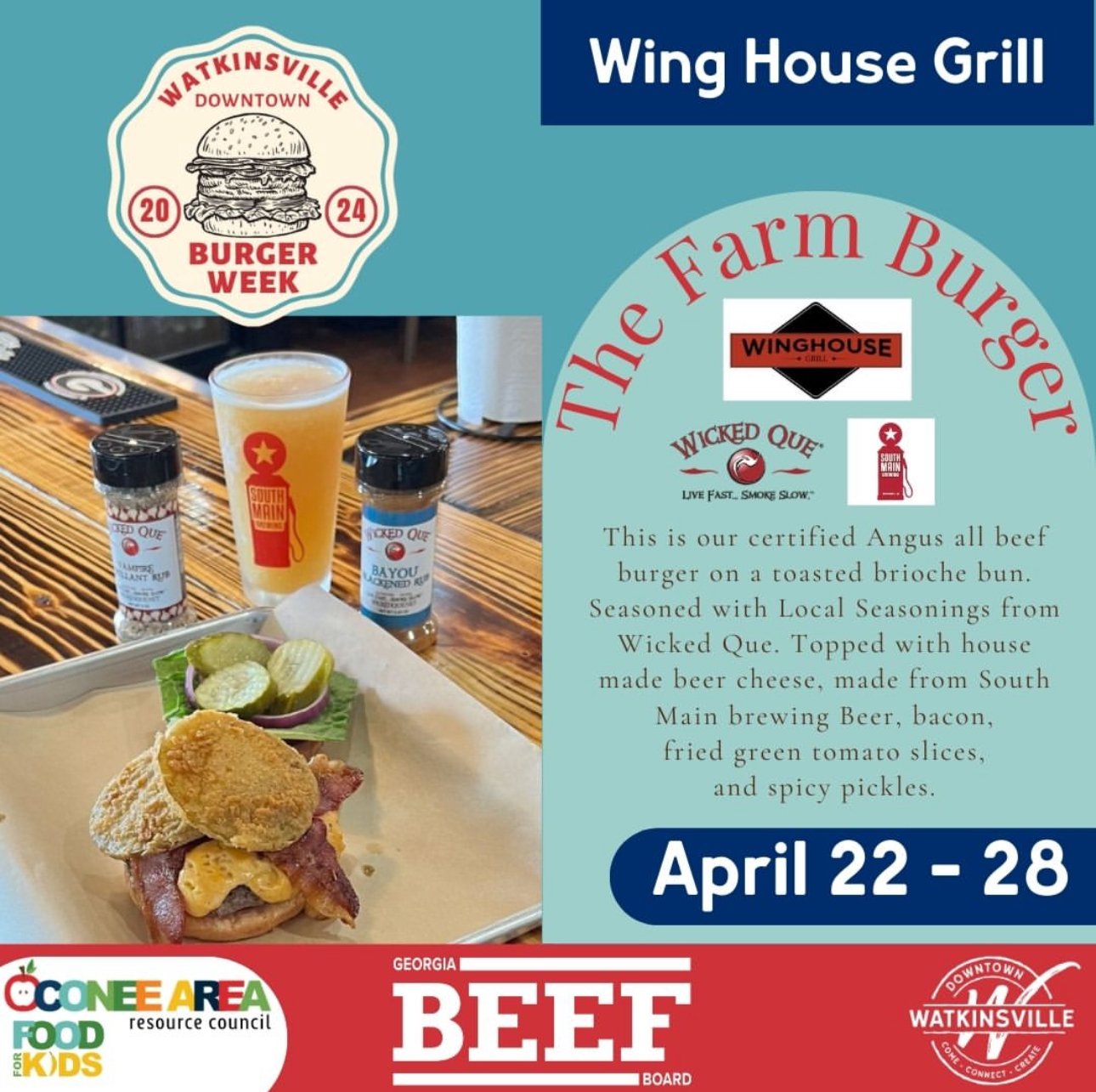 #watkinsveilleburgerweek is here! Seven different restaurants in downtown Watkinsville are sharing their Burger Week creations, and we want you to stop by @winghousegrillga and try their special, The Farm Burger! With seasonings from Wicked Que, Geor