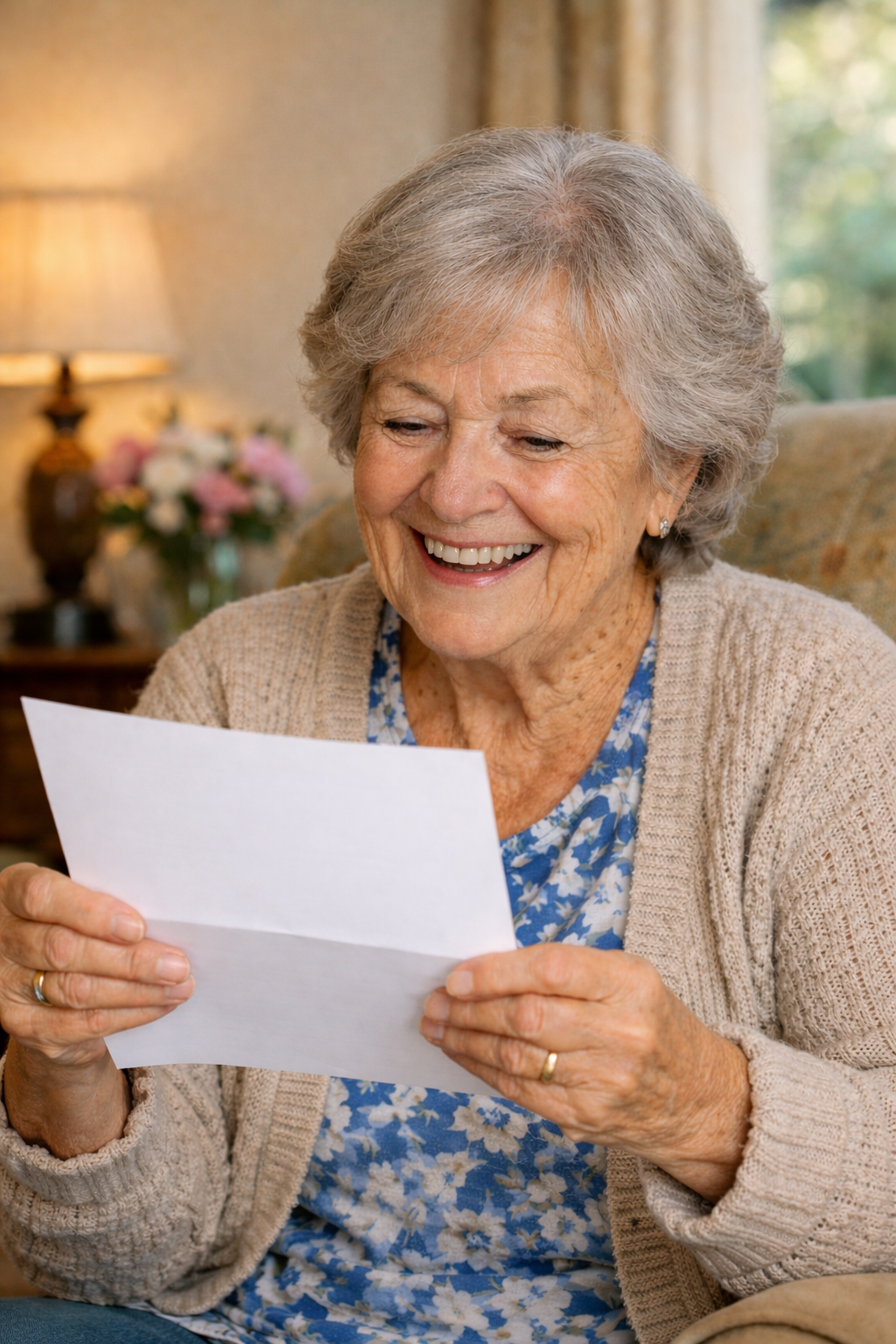 Elderly women smiling reading a letter