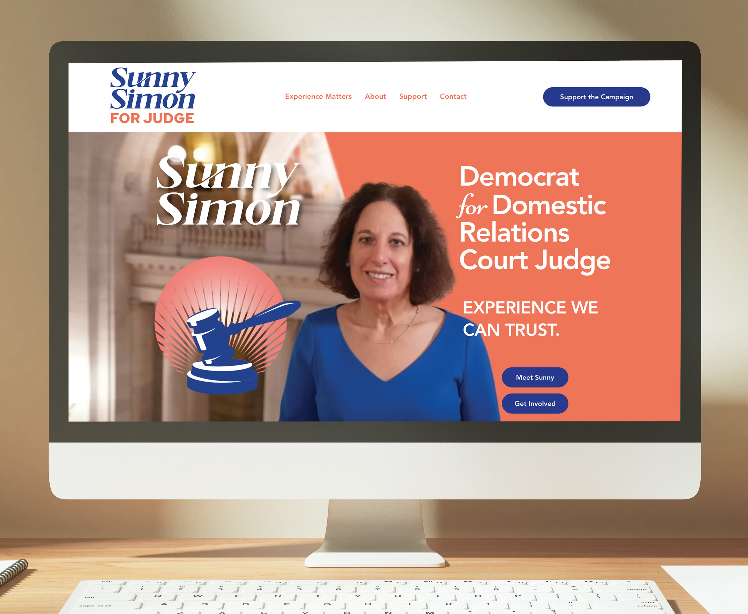 Campaign website for Sunny Simon, Democratic candidate for Domestic Relations Court Judge, featuring her photo, campaign slogan, and buttons to meet her or get involved.