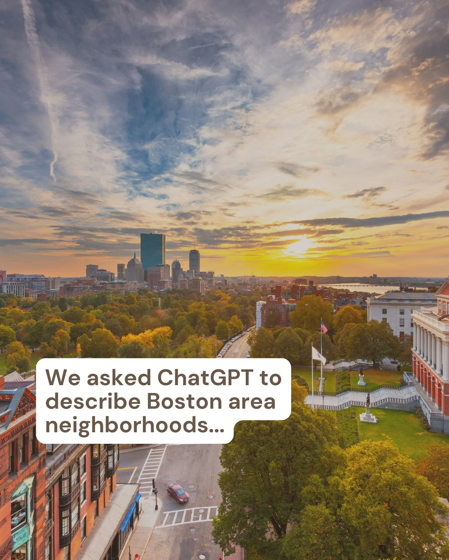 Here&rsquo;s what ChatGPT thinks of each of these Boston area neighborhoods.

If you&rsquo;re a Boston local, what do you think??

We&rsquo;ll start: People don&rsquo;t exactly lounge at Jamaica Pond&mdash;though we have heard whispers about midnight