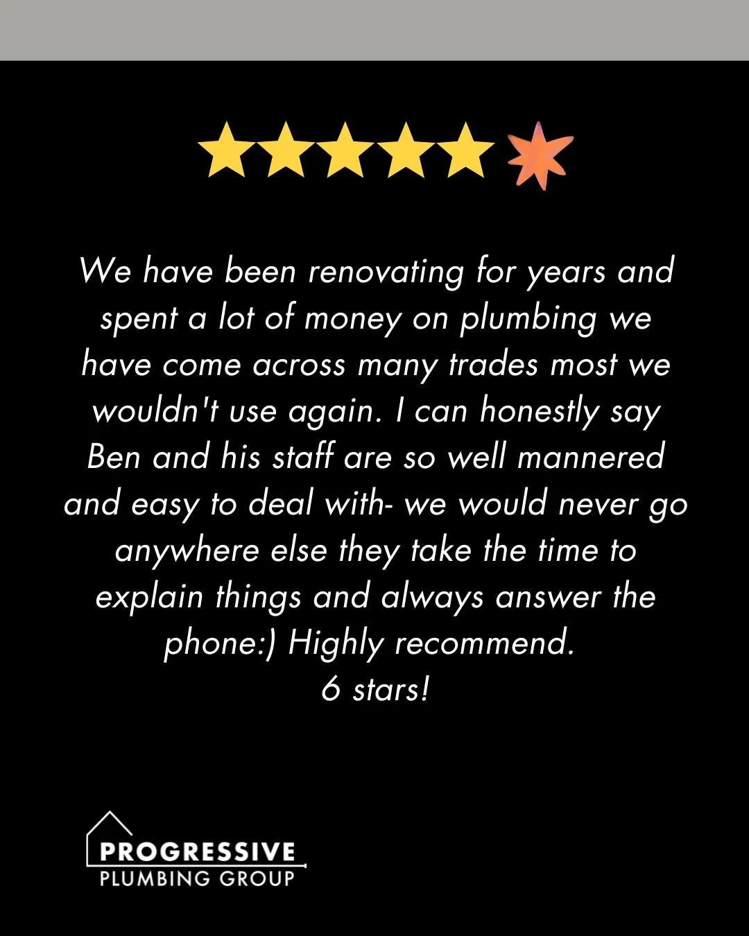 It's not often you get a 6-star review out of 5 - this definitely deserved a post. Well done boys and thanks Sally for the amazing review.

#progressiveplumbinggroup #plumbersofmelbourne #maintenanceplumbersmelbourne #constructionplumbersmelbourne #6
