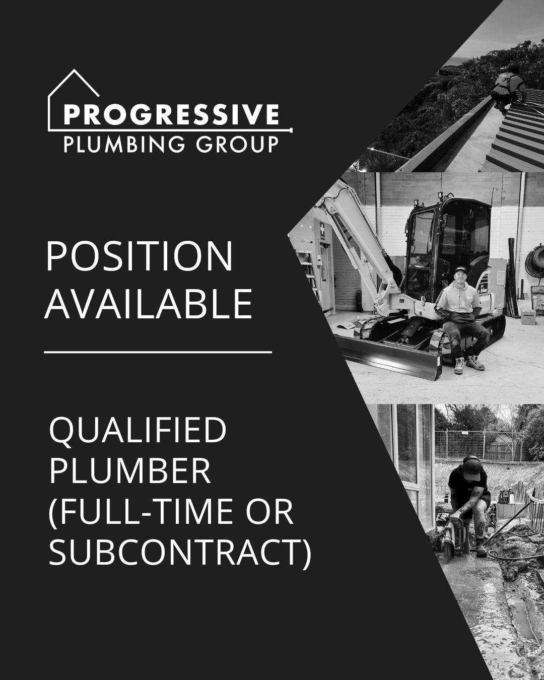 QUALIFIED PLUMBER &ndash; FULL-TIME OR SUBCONTRACT POSITION AVAILABLE

We are looking for a reliable and experienced Qualified Plumber to join our tight-knit team.

This role is being offered as either full-time employment or subcontract position for