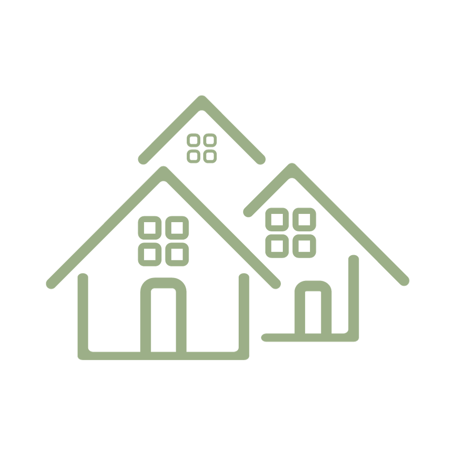 Outline of two houses with windows and roofs, colored in a muted green shade, on a transparent background.
