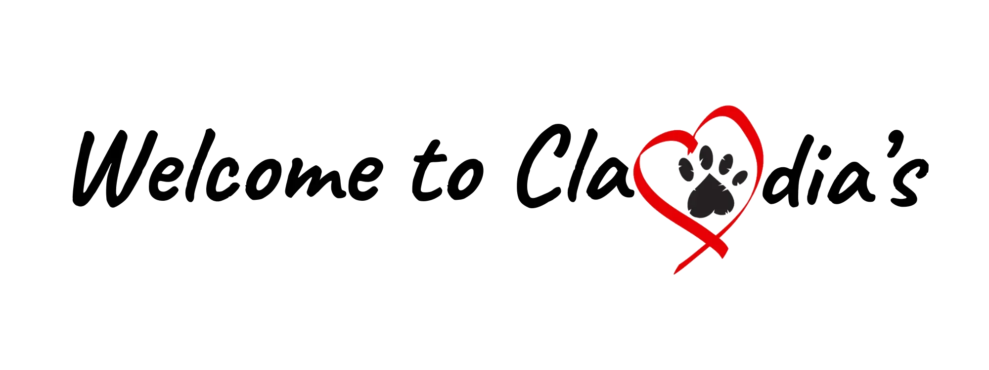 Text reads Welcome to Claudia’s with a red heart and a black paw print inside the heart replacing the letter u.