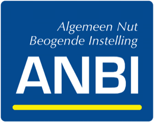 Logo met tekst 'Algemeen Nut Beogende Instelling ANBI', blauwe achtergrond, gele streep eronder.