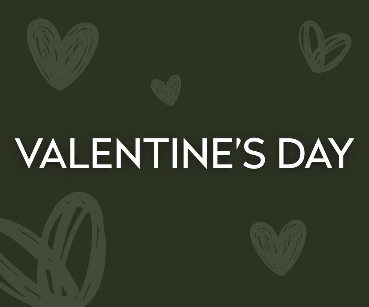 Dark green background with hand-drawn hearts and the words "Valentine's Day" in white.