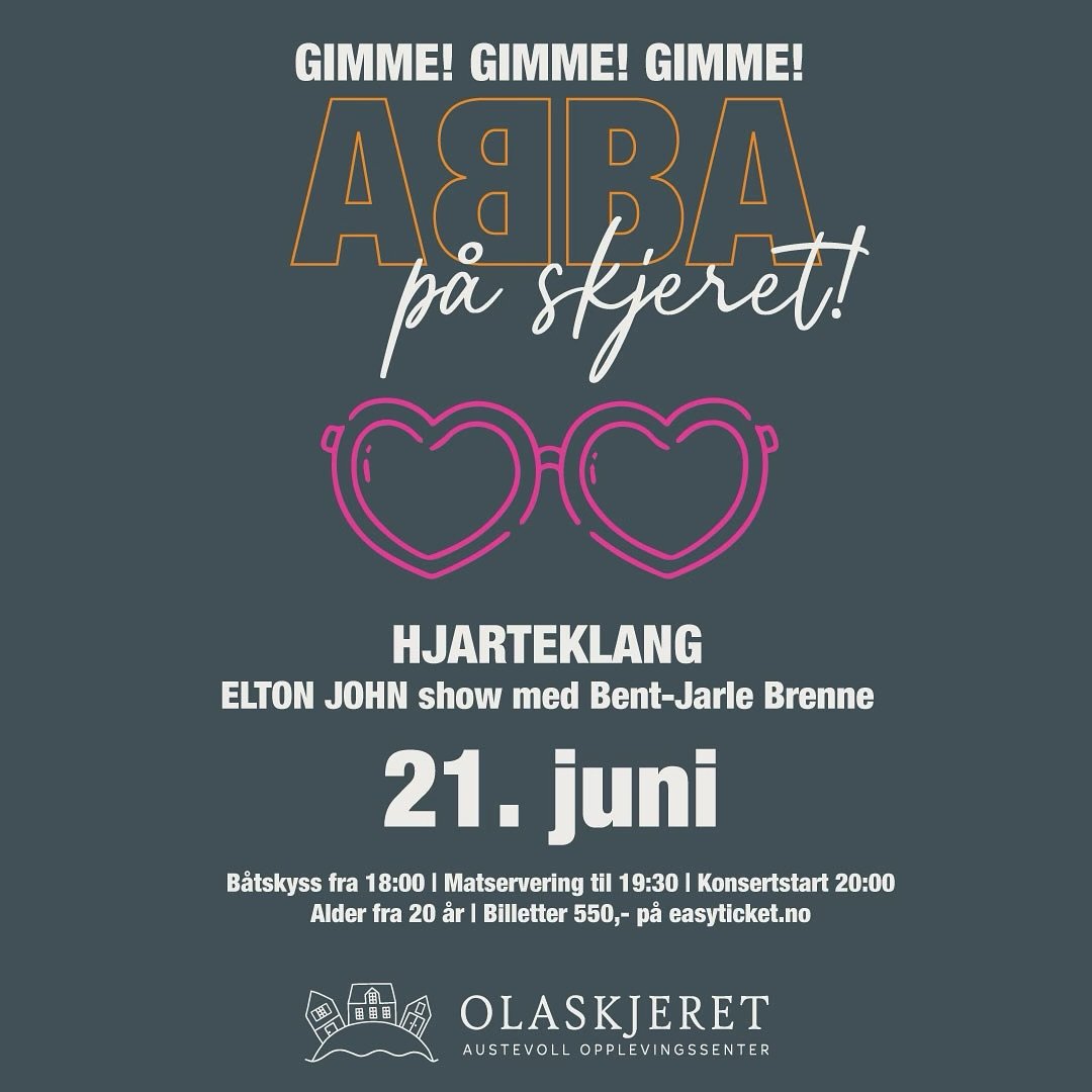 ABBA+ELTON JOHN FESTKVELD P&Aring; SKJERET🎤💃🕺

Gjer deg klar for ein uforgl&oslash;ymeleg kveld p&aring; Olaskjeret laurdag 21. juni 💛

Til &aring; opne kvelden har me f&aring;tt Fitjar sin eigen Elton John, Bent-Jarle Brenne, som er kjent for