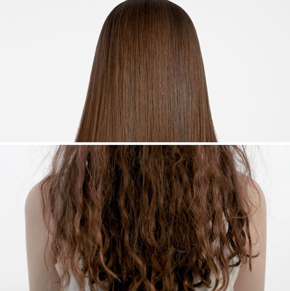 Back of a person with straight, shiny, medium brown hair at the top and curly, voluminous, reddish-brown hair at the bottom.