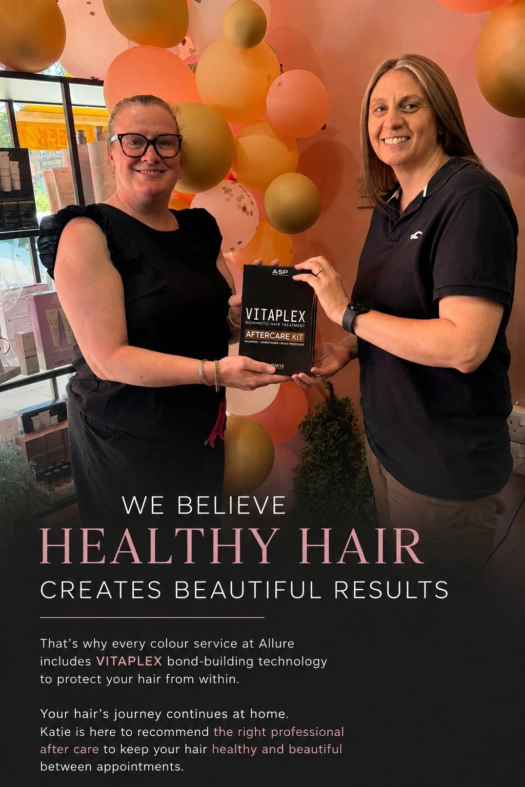 Healthy hair doesn't end when you leave the salon. 💛

As part of our 19 Acts of Kindness, Katie was delighted to gift one of our lovely clients a Vitaplex Aftercare Kit.

At Allure, we believe the products you use at home are just as important as th