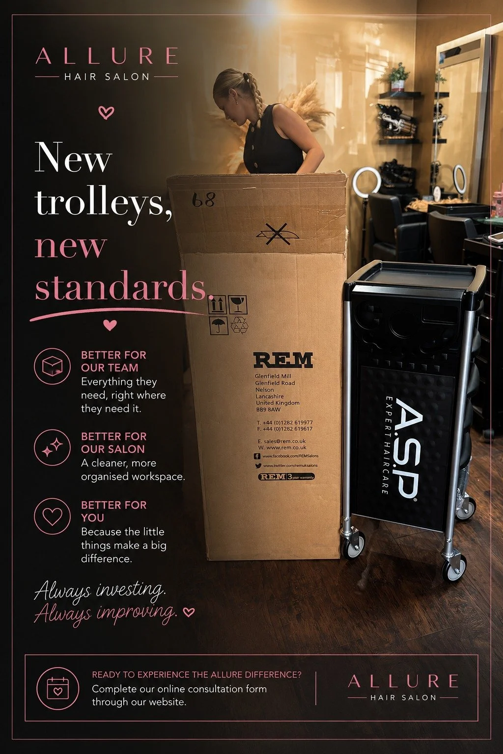 We believe the little things make a big difference. ✨

Another delivery has arrived at Allure!

Our brand-new salon trolleys are being built and will soon be in use throughout the salon.

They might seem like a small upgrade, but every investment we 