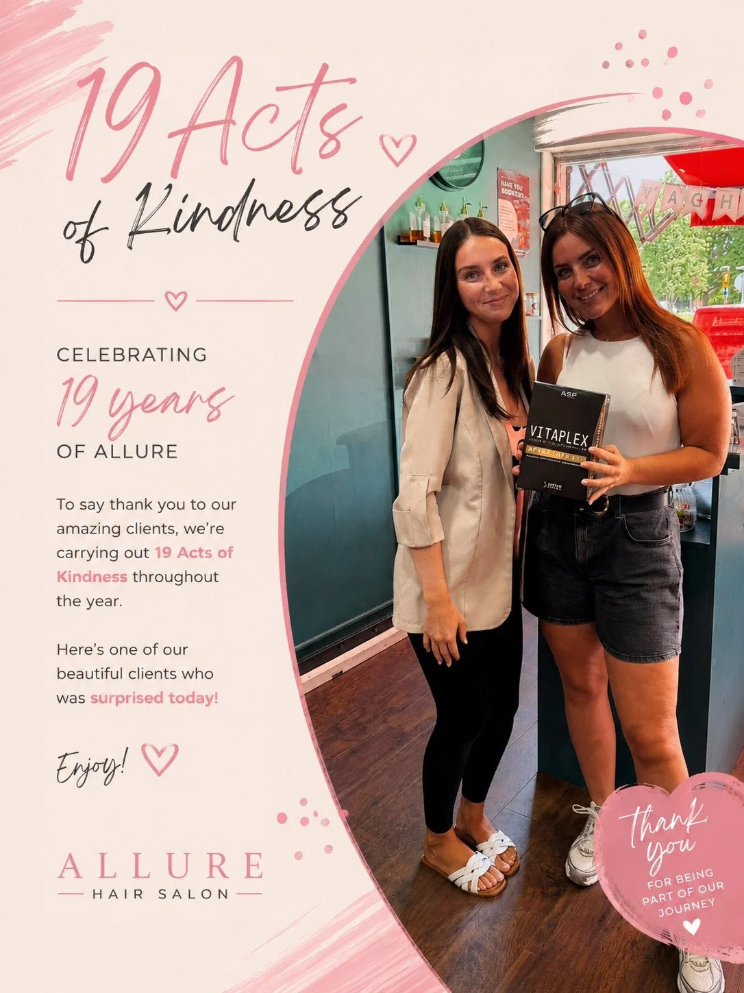 A Little Surprise 🤍

One of the best parts of celebrating 19 years of Allure has been surprising our clients with random acts of kindness.

Today's gift is simply our way of saying thank you.

Thank you for choosing us.

Thank you for supporting us.