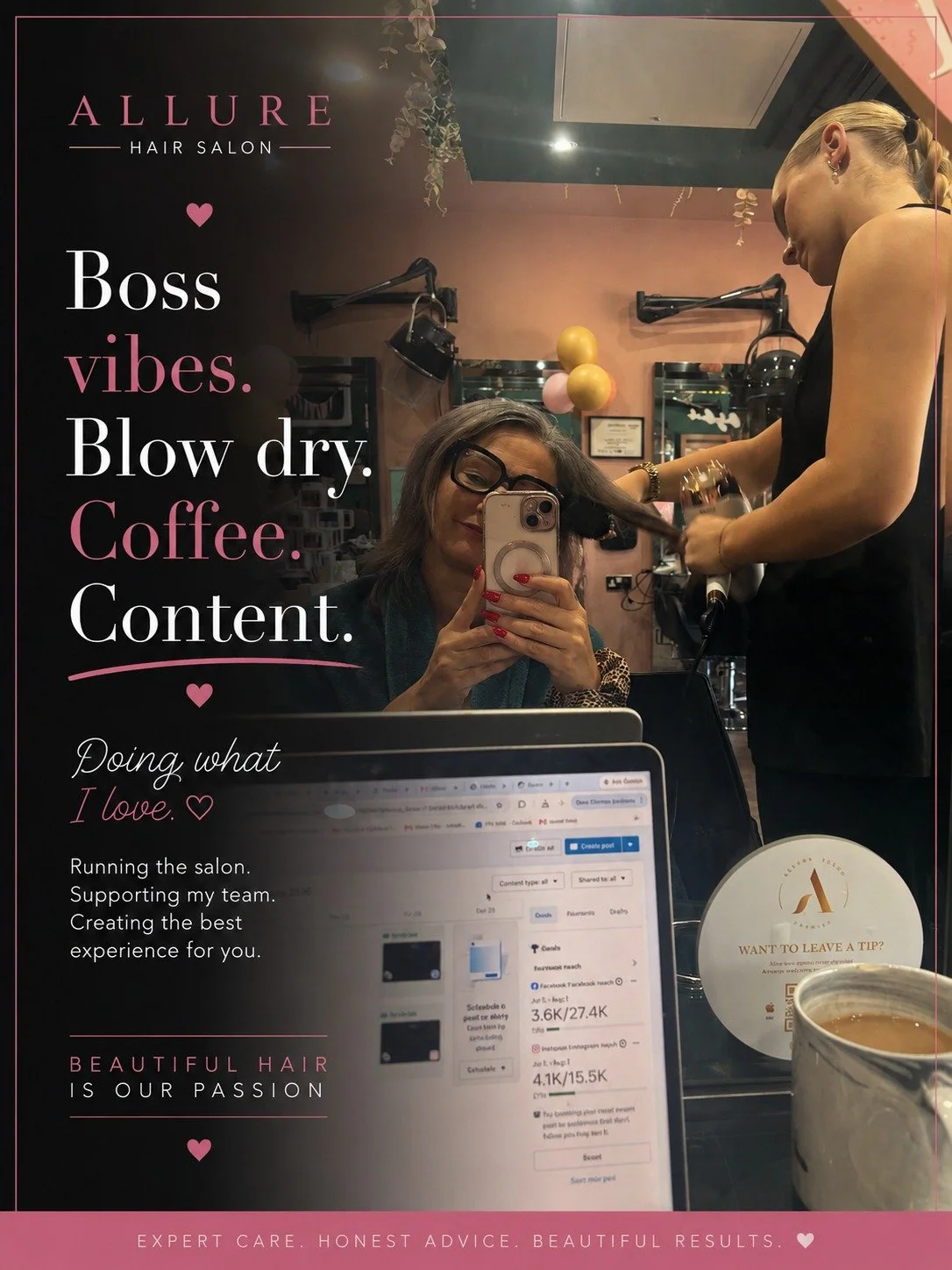 The work doesn't stop when the last client leaves. ☕

Running a salon is so much more than doing hair.

It's planning.

Creating.

Learning.

Investing.

Listening to our clients.

Supporting our team.

And yes... sometimes it's catching up on social