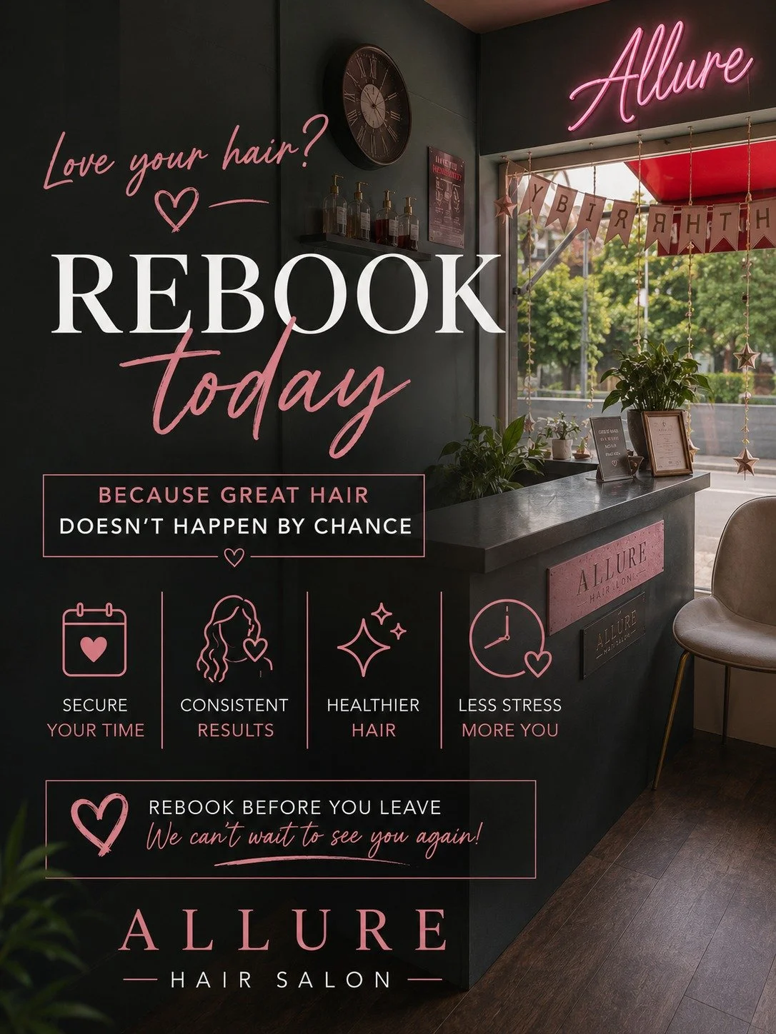 Why We Recommend Rebooking 🤍

Your hair doesn't stay perfect by chance.

It stays beautiful with consistency.

When you rebook before you leave, we can plan your appointments at the right time to keep your hair looking its best.

✨ Fresher colour.

