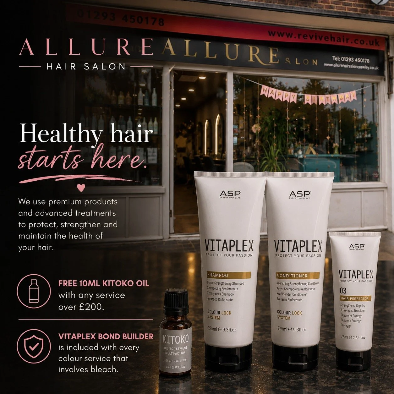 Your appointment doesn't end when you leave the salon. 🤍

Beautiful hair doesn't just come from what we do in the salon.

It comes from what happens afterwards too.

That's why every bleach service at Allure includes Vitaplex Bond Builder to help pr