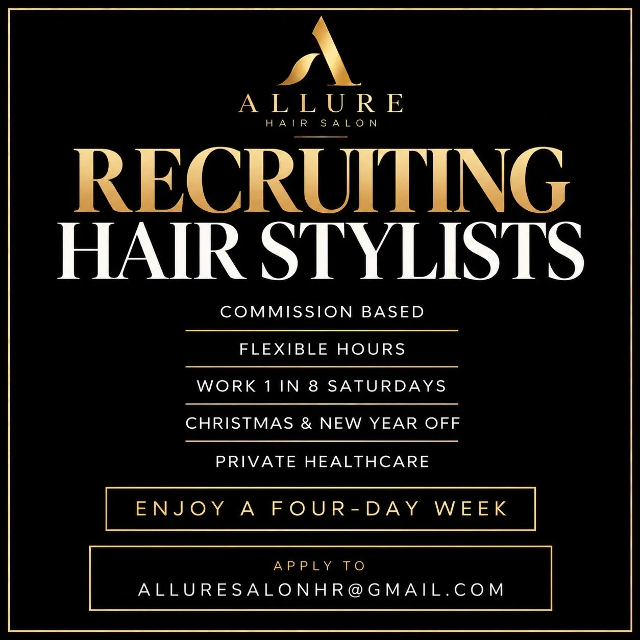 HAIRDRESSERS, THIS IS FOR YOU.
What if a successful career in hair didn&rsquo;t have to take over your life?
At Allure Salon, we believe you can earn well, keep progressing and still have a life outside the salon.
We&rsquo;ve been established in Craw