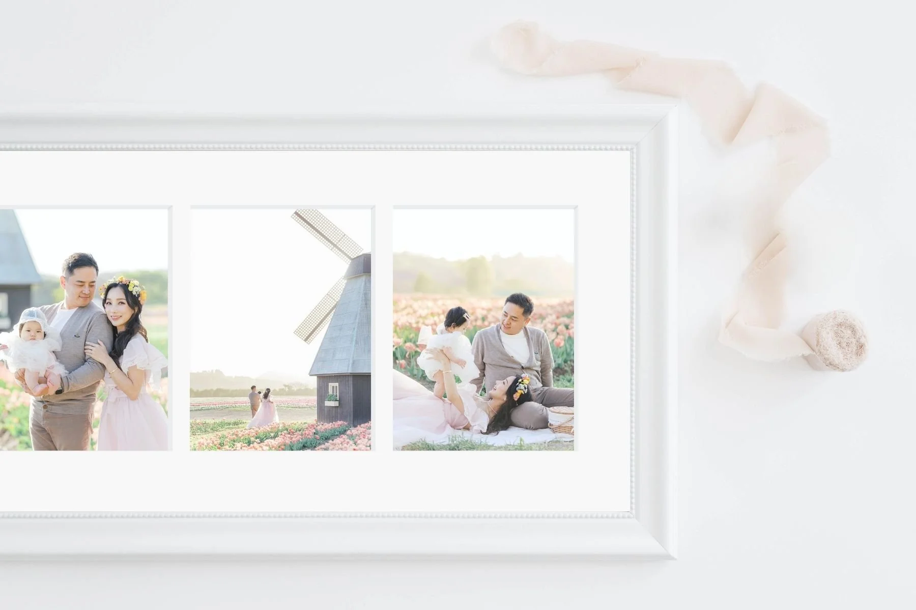 Tulip family photos displayed as a framed heirloom print set featuring a spring family portrait in a tulip field.