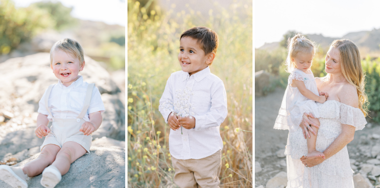 Collage of Summer Maternity Photos featuring toddlers and a mother with her child outdoors in soft golden light wearing neutral outfits in a natural field setting.