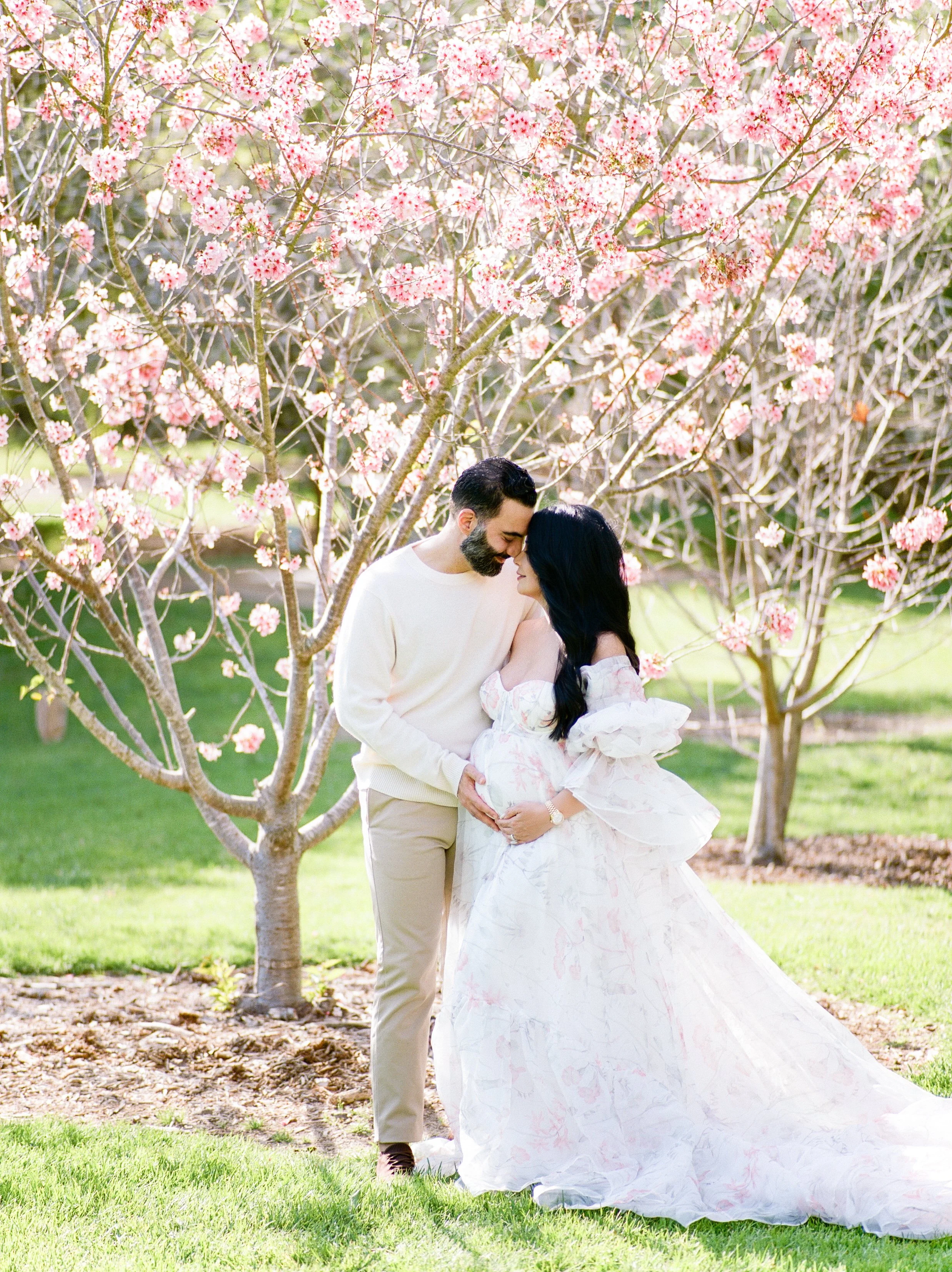 Cherry blossom Maternity photos of an expecting couple standing close together beneath blooming pink trees, gently holding the baby bump and leaning in forehead to forehead in soft natural light.