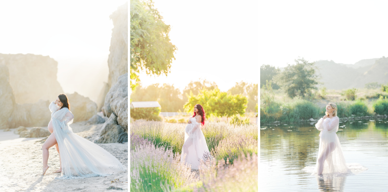 Collage of Summer Maternity Photos featuring an expecting mother in a flowing white gown at the beach, in a lavender field, and standing in a calm river during golden hour.
