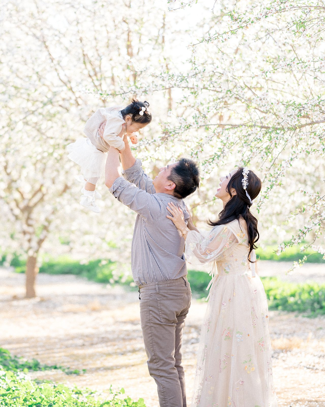 Family of three enjoying a spring blossom photoshoot in a blooming orchard, with parents lifting their young daughter beneath soft white flowers and dreamy natural light.