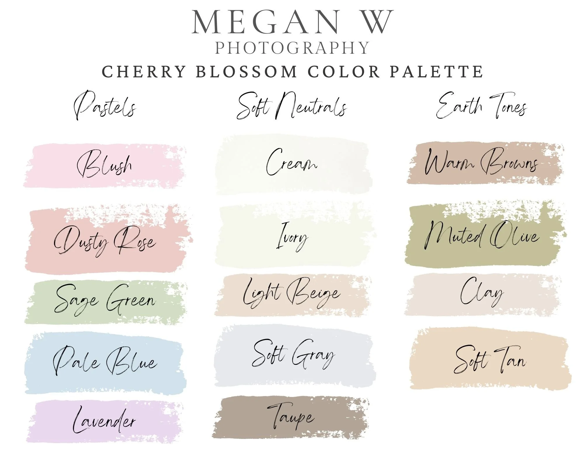 Cherry blossom color palette graphic showing pastels, soft neutrals, and earth tones as guidance for what to wear for cherry blossom photos, including blush, ivory, sage green, and warm browns.