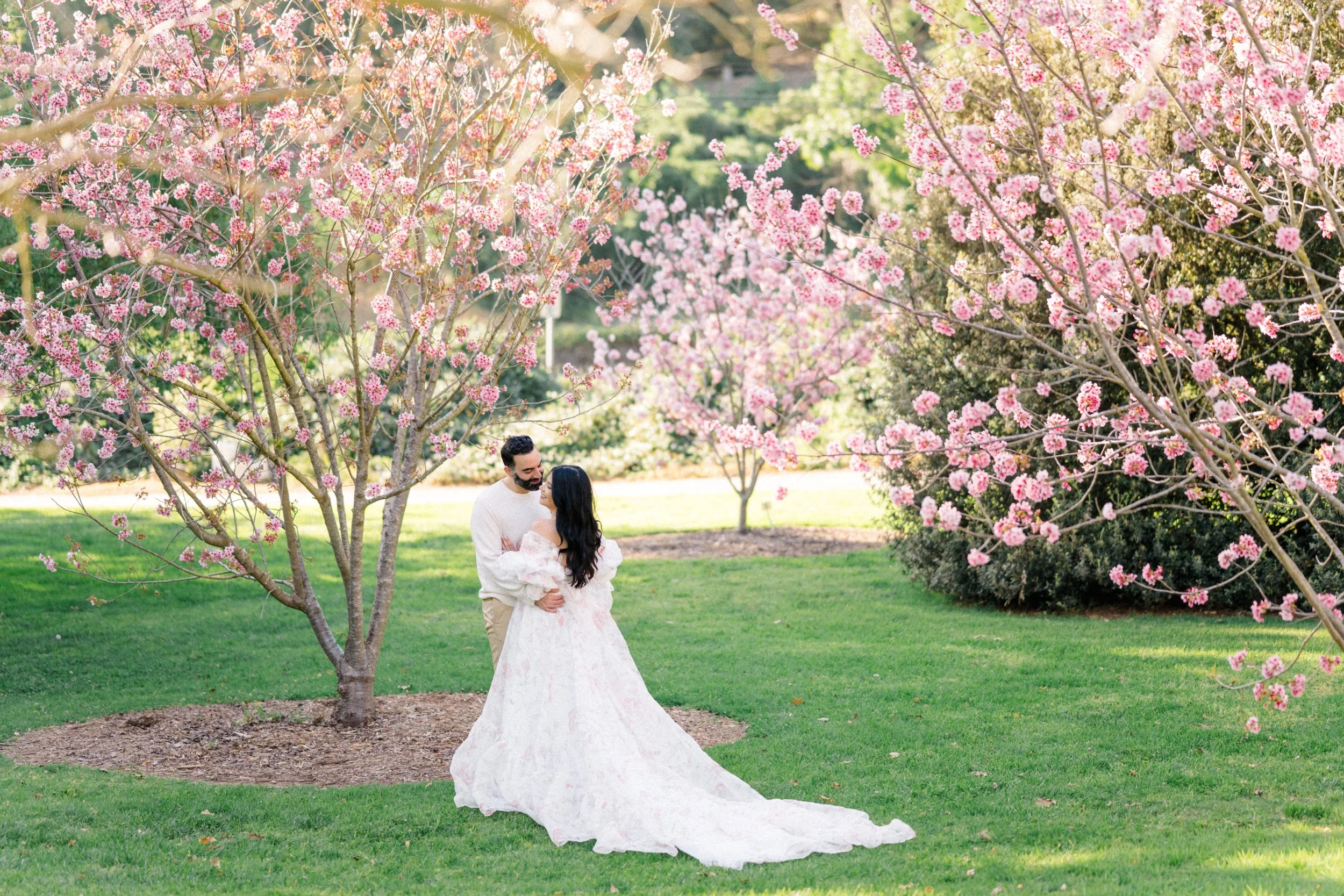 Cherry blossom Maternity photos of an expecting couple standing together beneath blooming pink trees, embracing in a wide scenic view with soft spring light and lush greenery.
