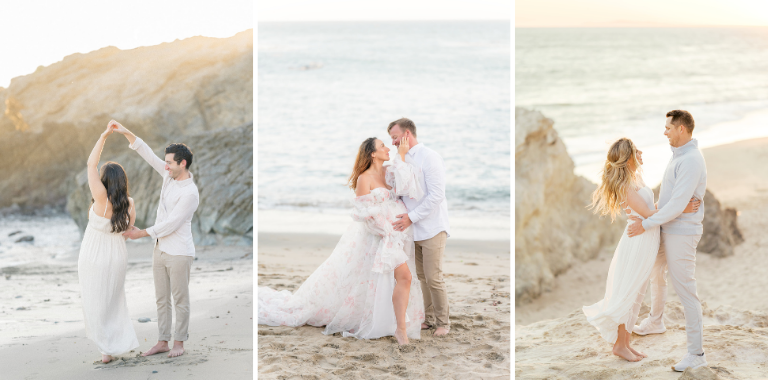 Collage of Summer Maternity Photos featuring expecting couples embracing and dancing on the beach during golden hour with soft ocean light and coastal cliffs.