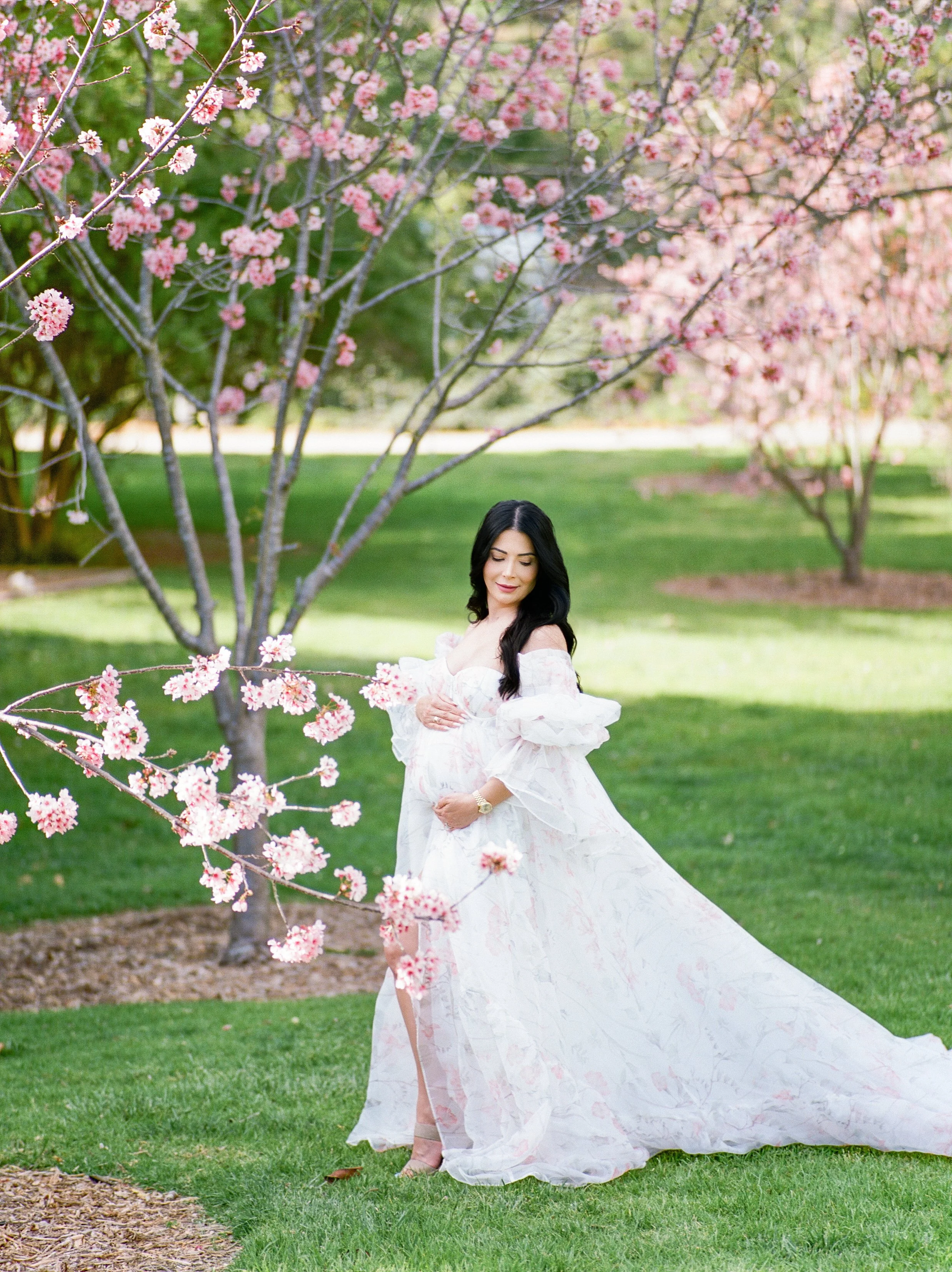 Cherry blossom Maternity photos of an expecting mother standing beneath blooming pink trees, wearing a flowing floral gown with a long train and gently holding her baby bump in soft spring light.