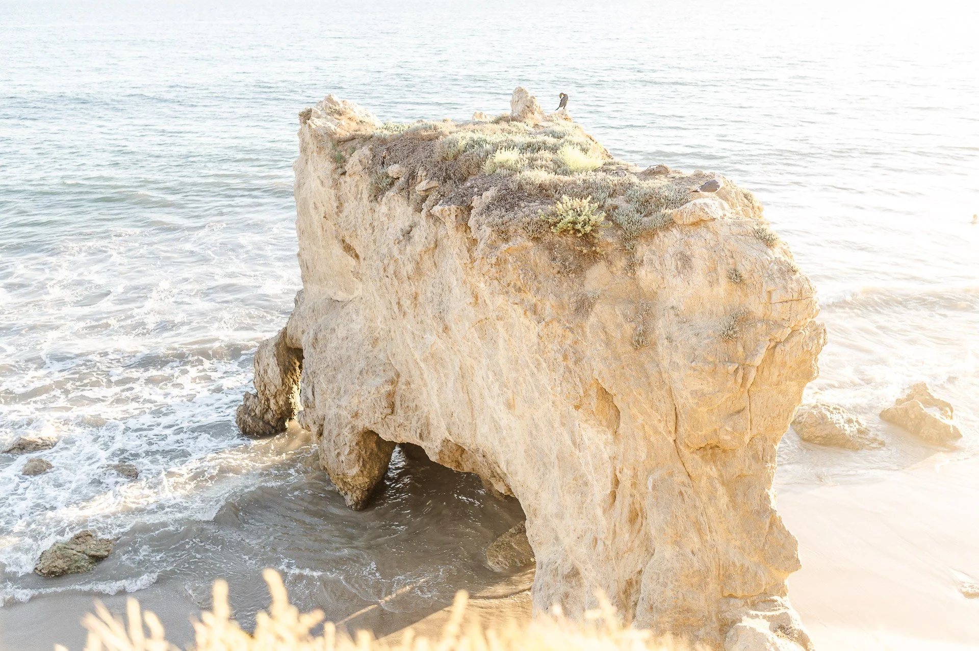Summer Engagement Photos in Malibu featuring the iconic rock formations and sea arch at El Matador Beach glowing in warm golden-hour light.