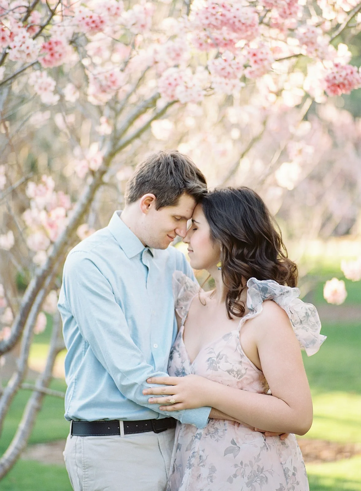 Cherry Blossom Photoshoot ideas featuring a close-up of a couple gently touching foreheads beneath blooming cherry blossom branches, creating a soft, intimate moment in warm spring light